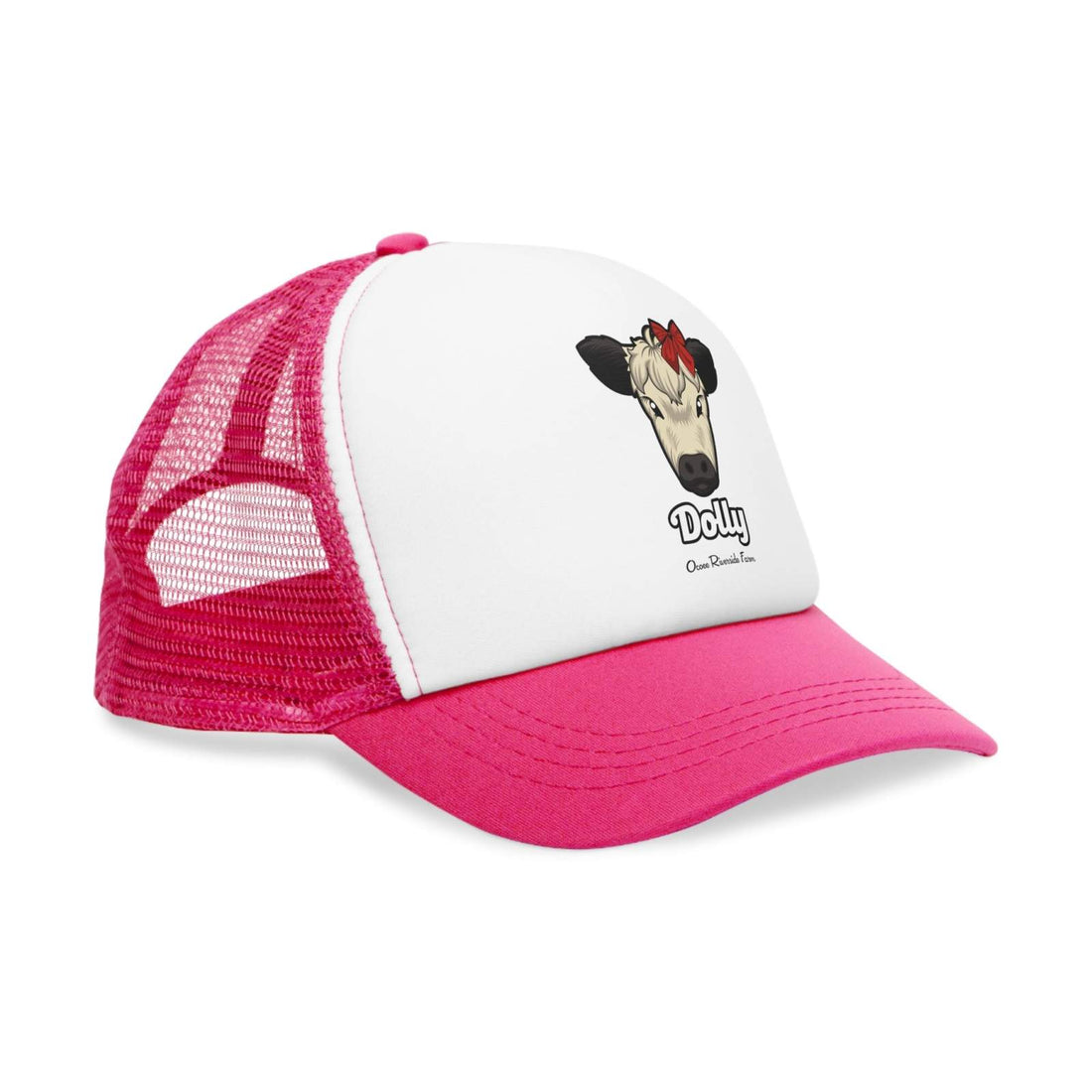 Pink and white rustic farm trucker hat with breathable mesh back and Dolly the cow design with red bow on front panel