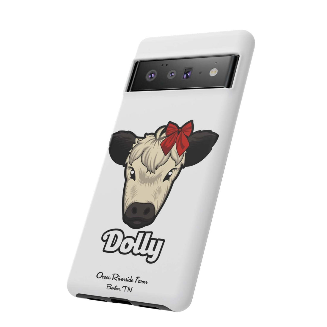 Farmhouse Chic Phone Case with cow design and red bow; durable, rustic, and stylish.