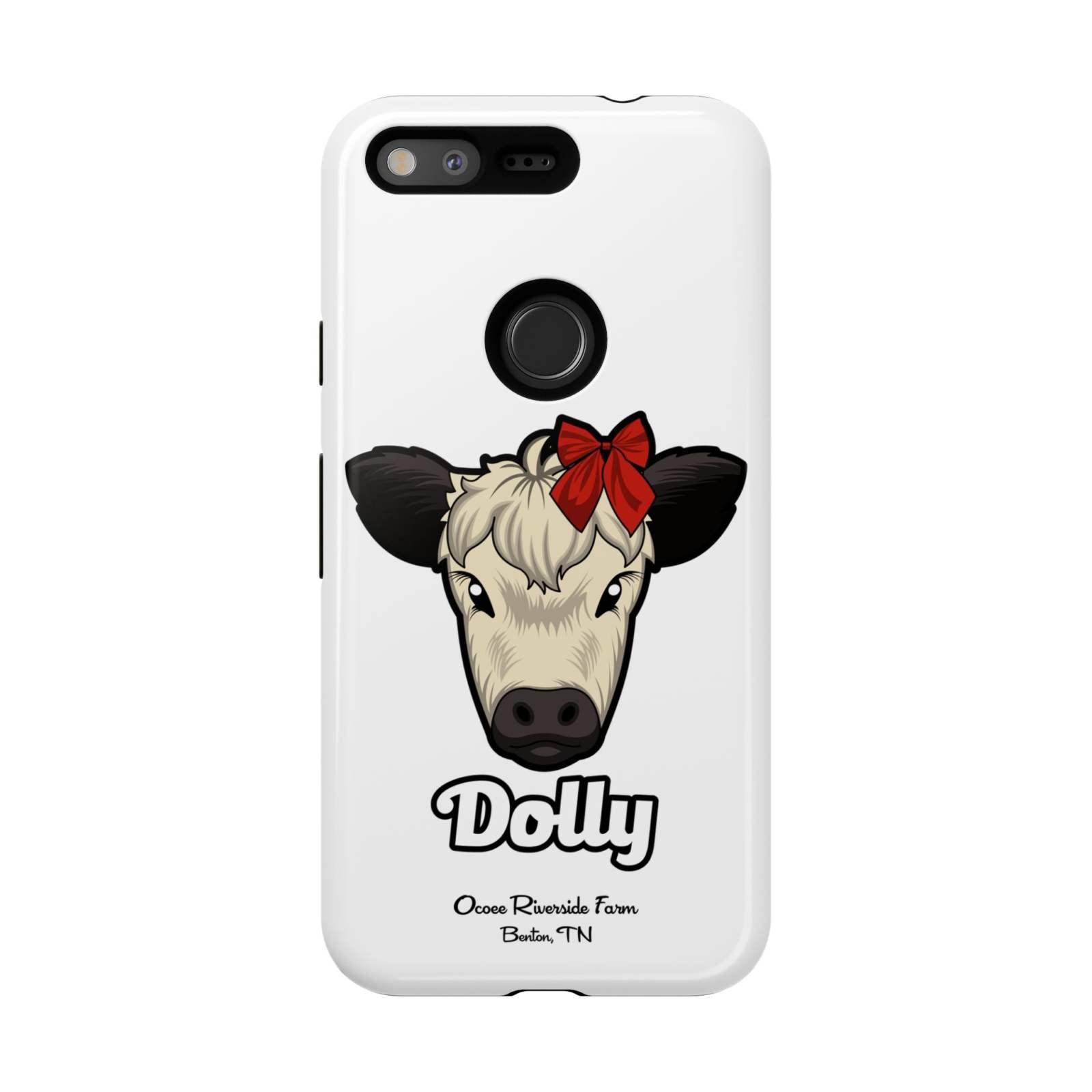 Farmhouse Chic Phone Case with adorable cow art and red bow.