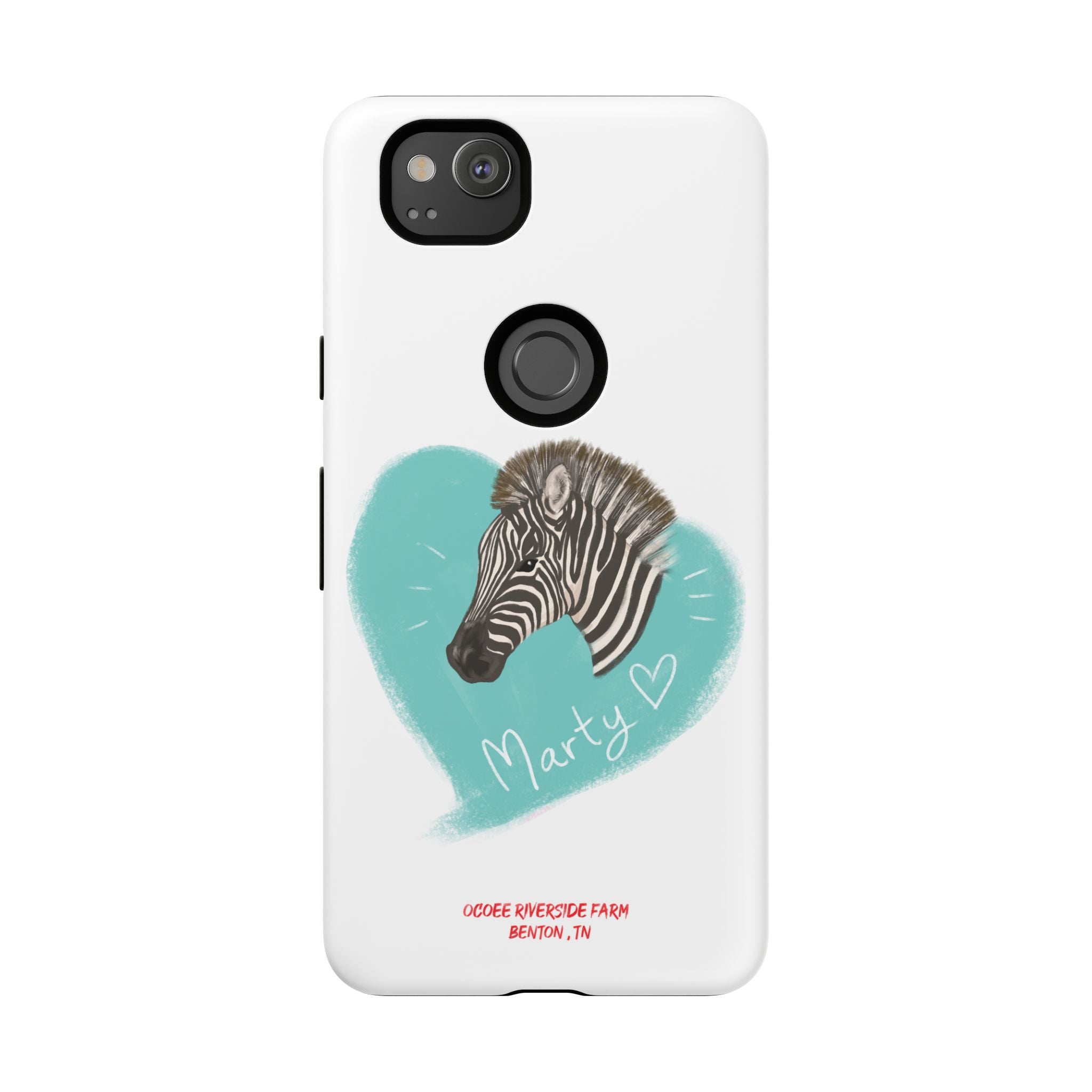 A zebra adorned with the word "Marty" creatively integrated into its stripes at Ocoee Riverside Farm Phone Case