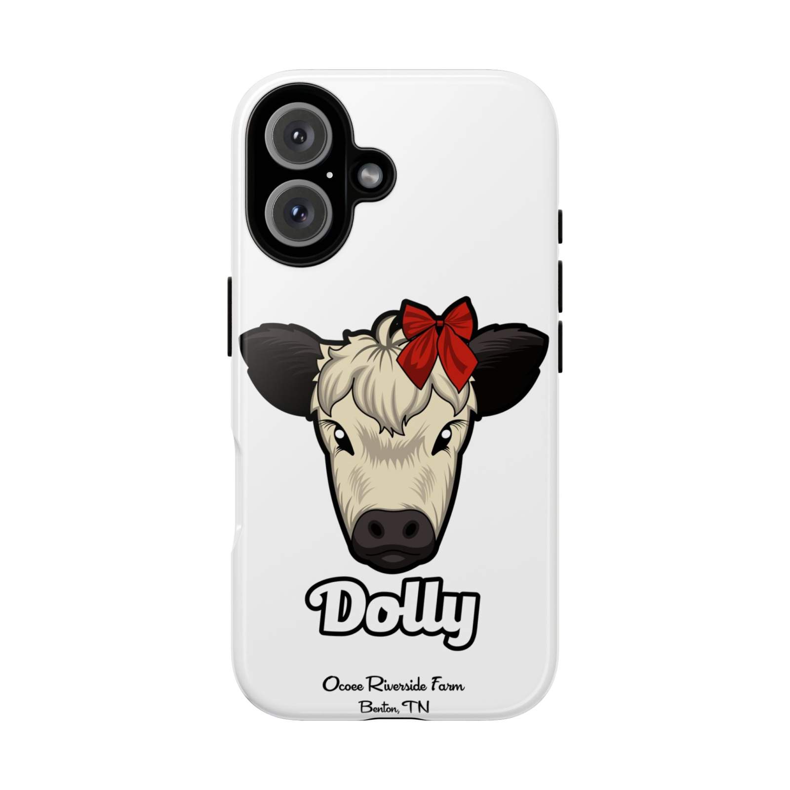 Farmhouse Chic Phone Case featuring Dolly the cow with a red bow, durable and stylish rural design