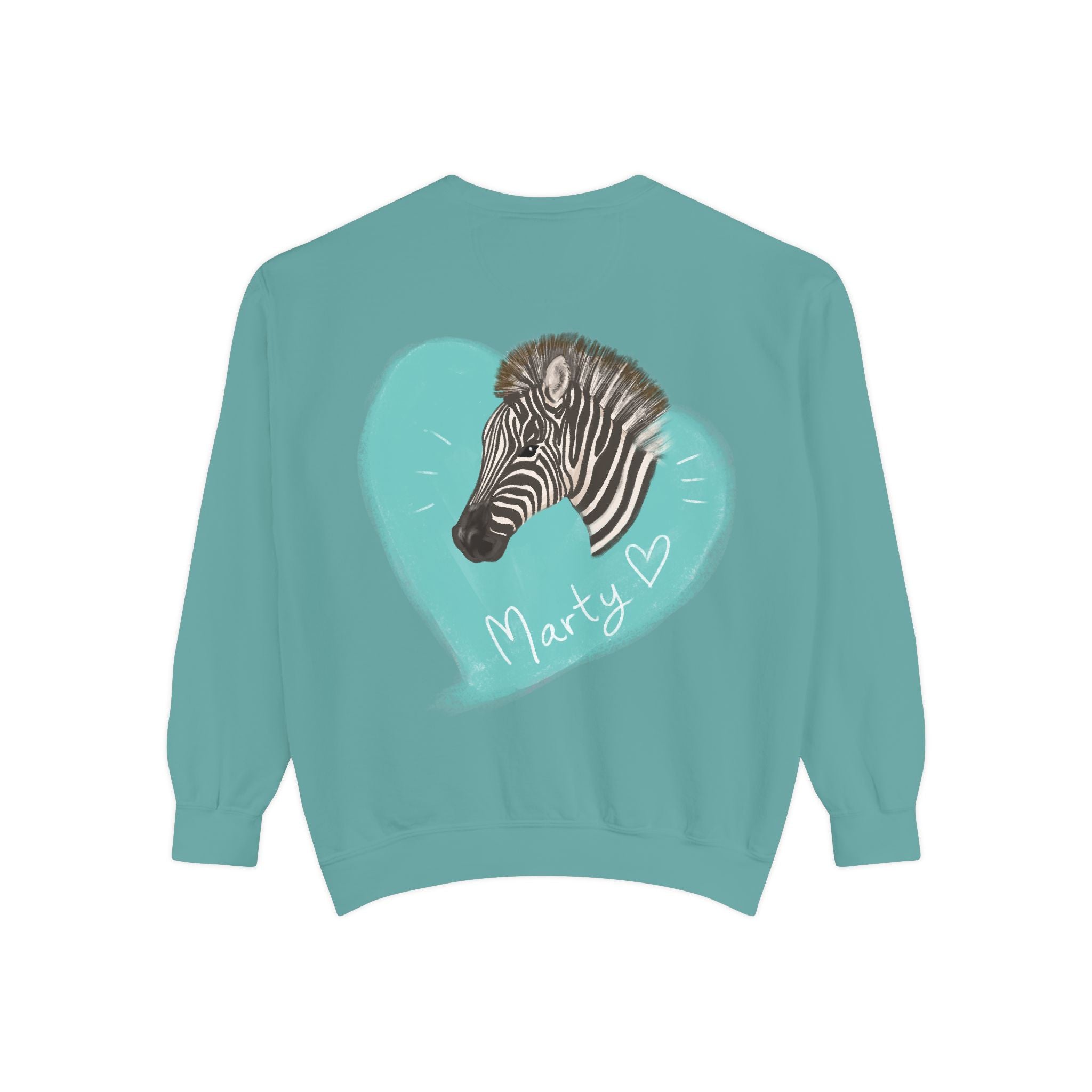 A zebra adorned with the word "Marty" creatively integrated into its stripes at Ocoee Riverside Farm Sweatshirt
