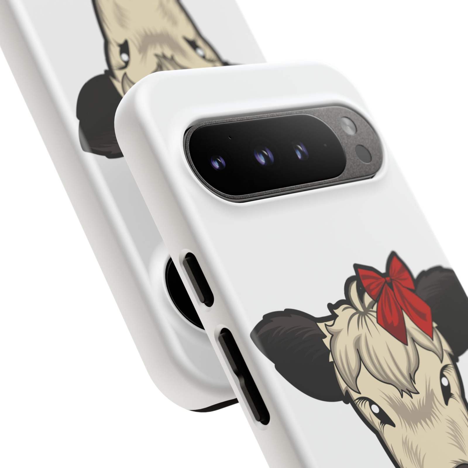 Farmhouse Chic Phone Case with Dolly the Cow and Red Bow design, durable and stylish protection.