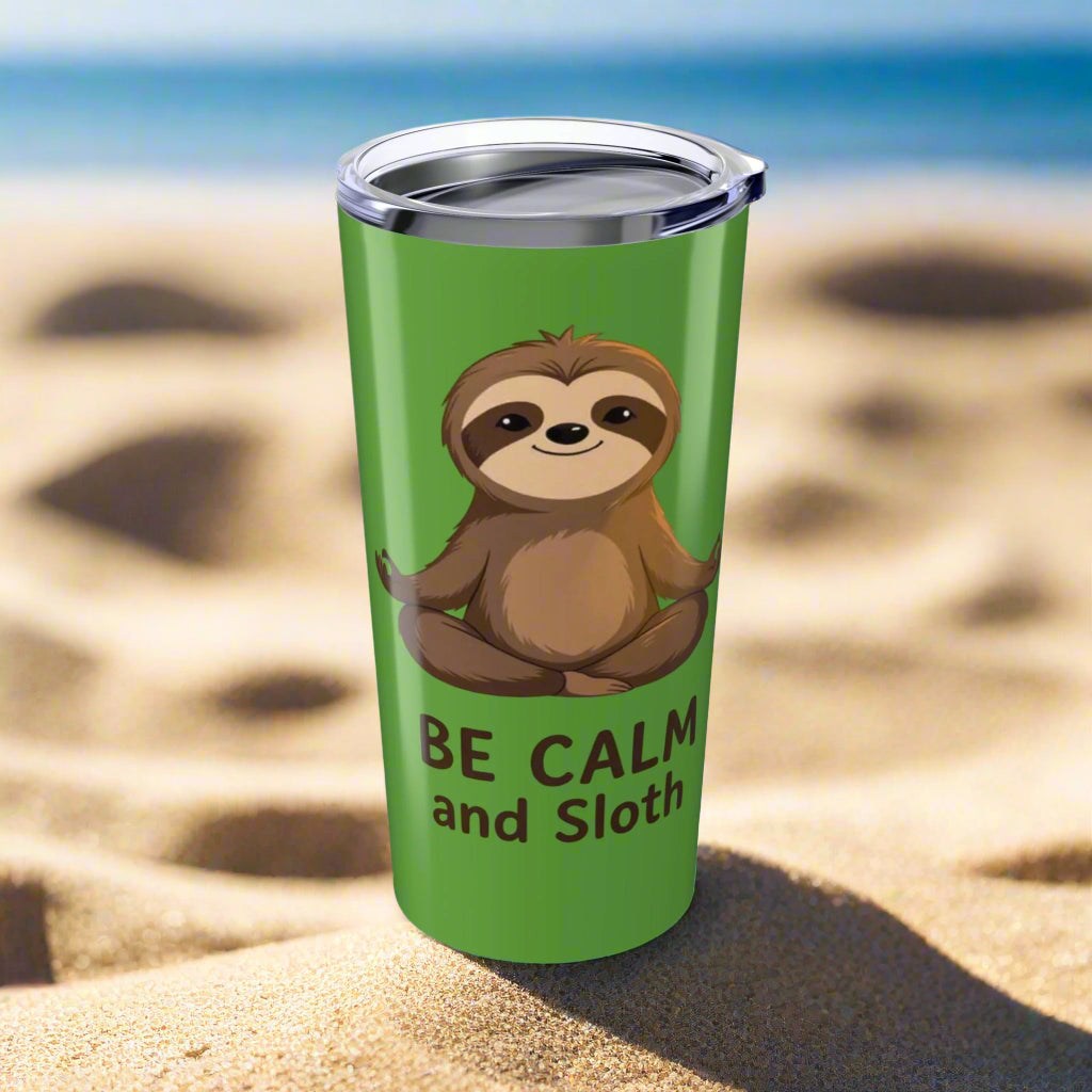 20oz green sloth tumbler with "Be Calm and Sloth" design, stainless steel, vacuum insulated for hot and cold drinks