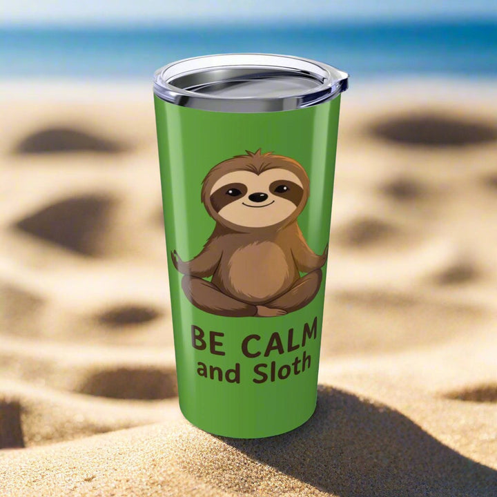 20oz green sloth tumbler with "Be Calm and Sloth" design, stainless steel, vacuum insulated for hot and cold drinks