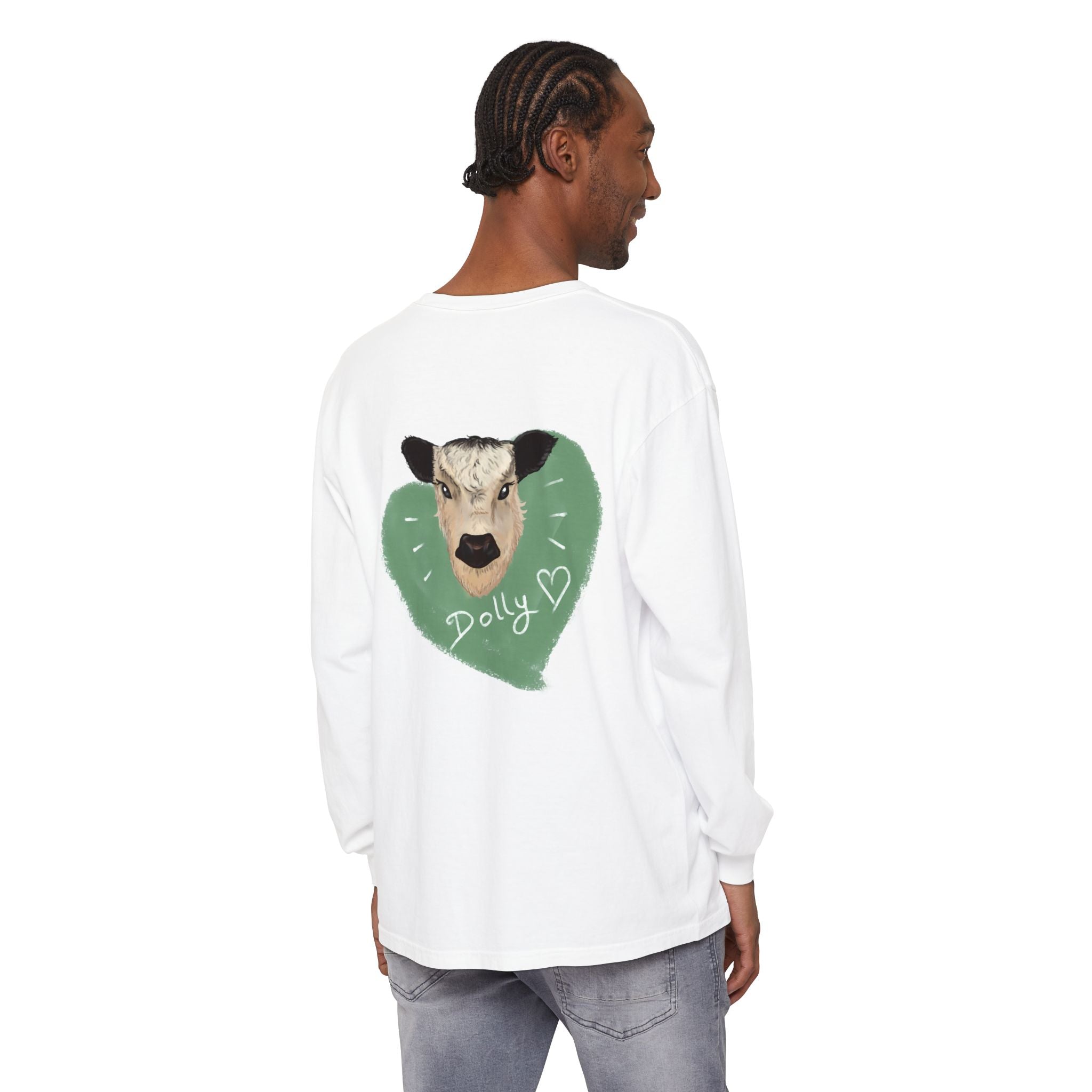 Unisex Garment-Dyed Long Sleeve T-Shirt with Cow Design - Perfect for Animal Lovers