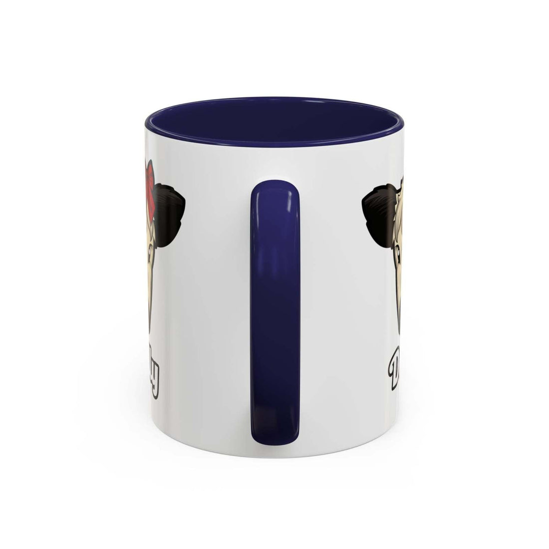 Farm Animal Coffee Mug featuring Dolly the cute cow with a red bow on a white ceramic mug with navy blue handle and interior
