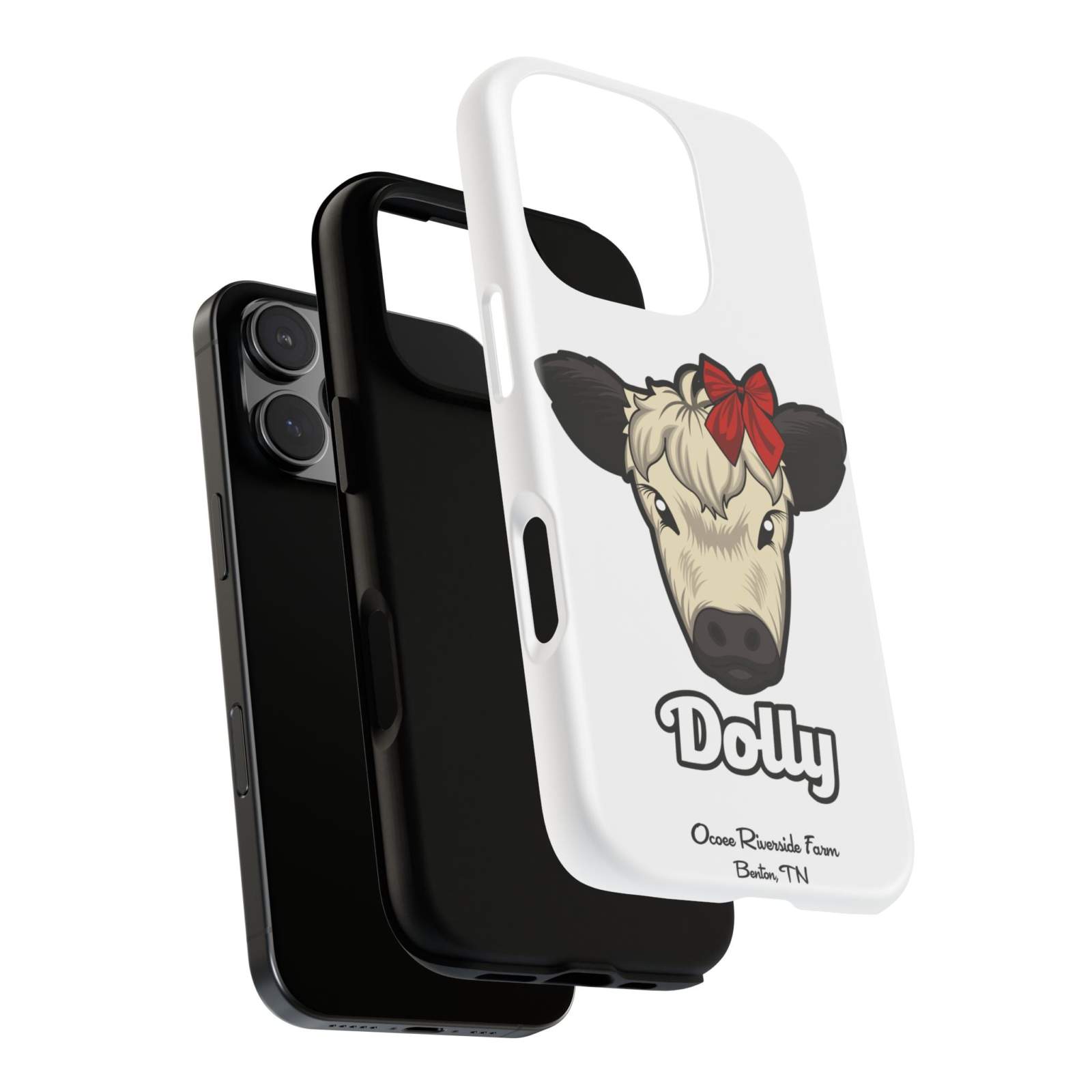 Farmhouse Chic Phone Case with Dolly the Cow design and red bow, offers durable protection and rustic elegance.