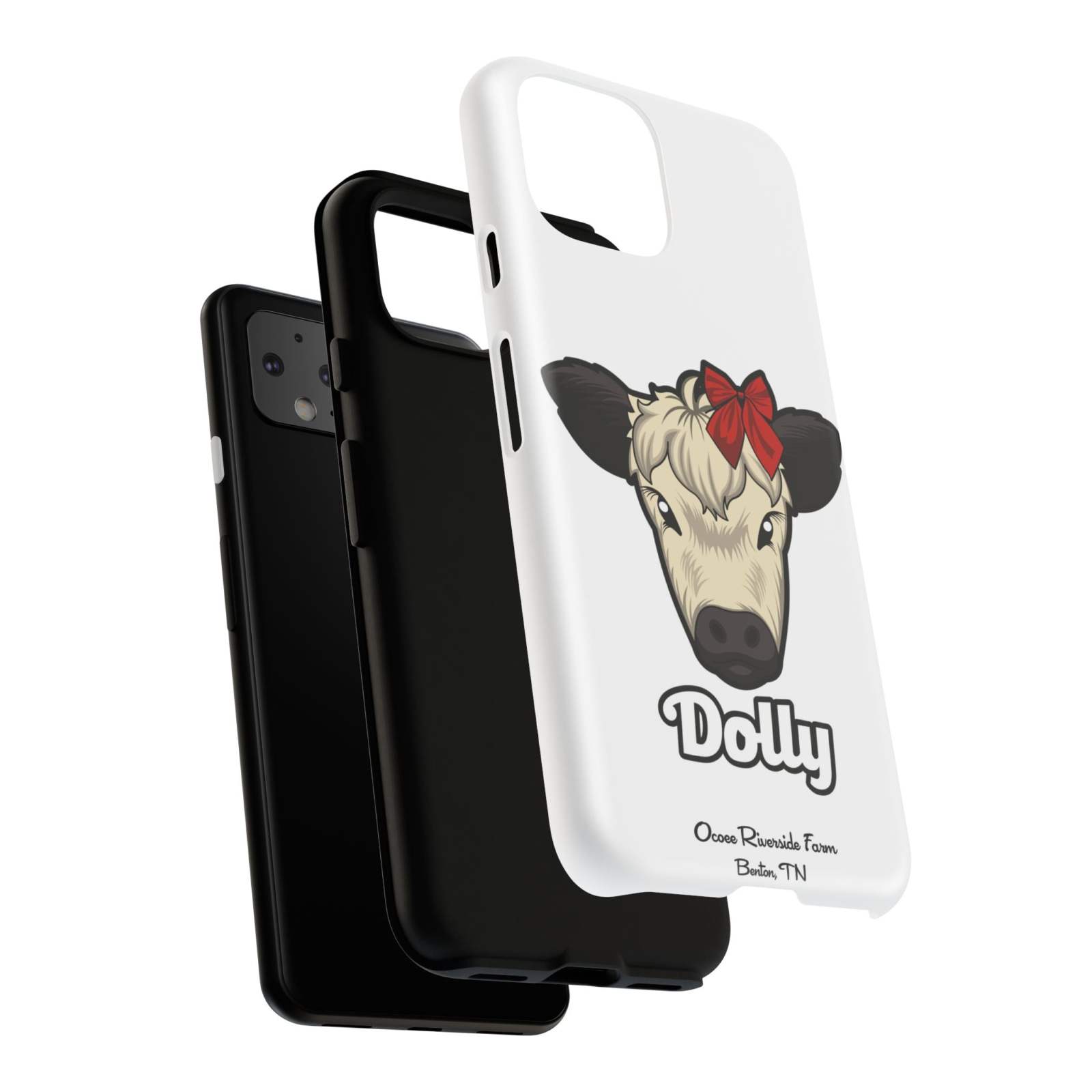 Farmhouse Chic Phone Case with red bow cow design for rustic elegance.