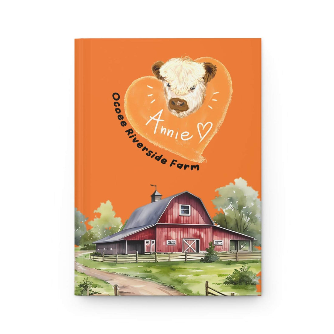 Ocoee Riverside Farm hardcover journal with cow illustration and barn scene on orange cover, 150 lined perforated pages, durable matte laminated finish, farm-themed writing notebook