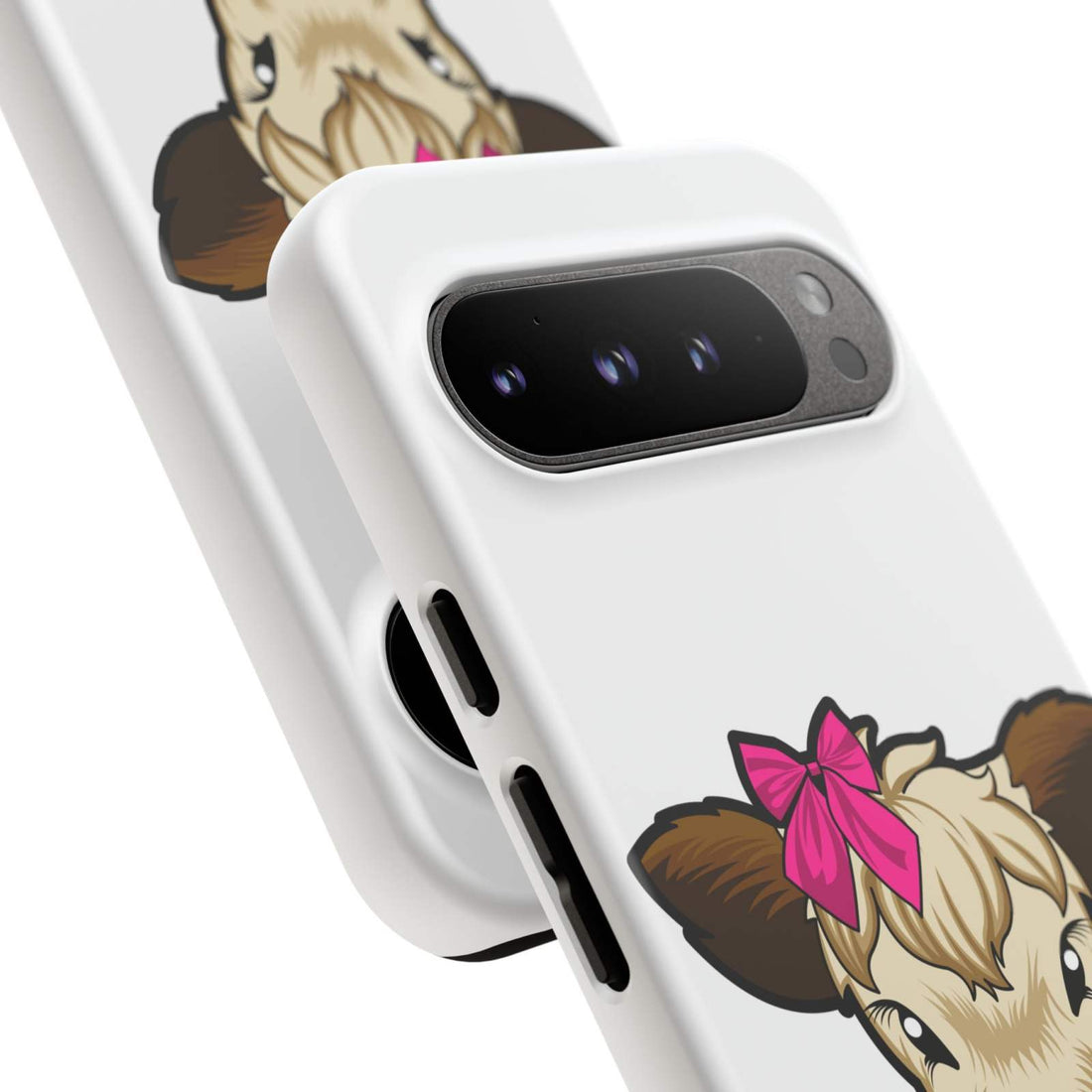 Cute farmhouse cow phone case with red bow, ideal farm animal lover gift.