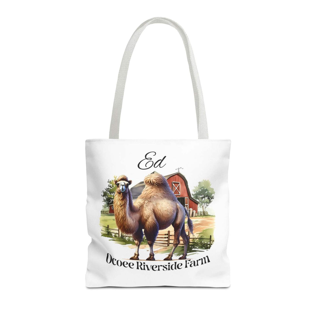 Ed Camel Tote Bag with farm animal art and Ocoee Riverside Farm text, eco-friendly shopping tote with reinforced handles and durable polyester body