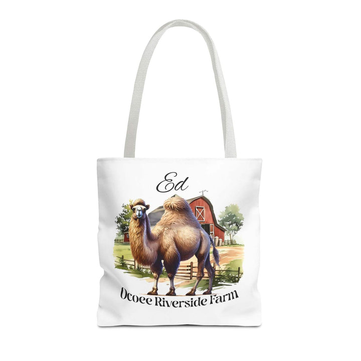 Ed Camel Tote Bag with farm animal art and Ocoee Riverside Farm text, eco-friendly shopping tote with reinforced handles and durable polyester body