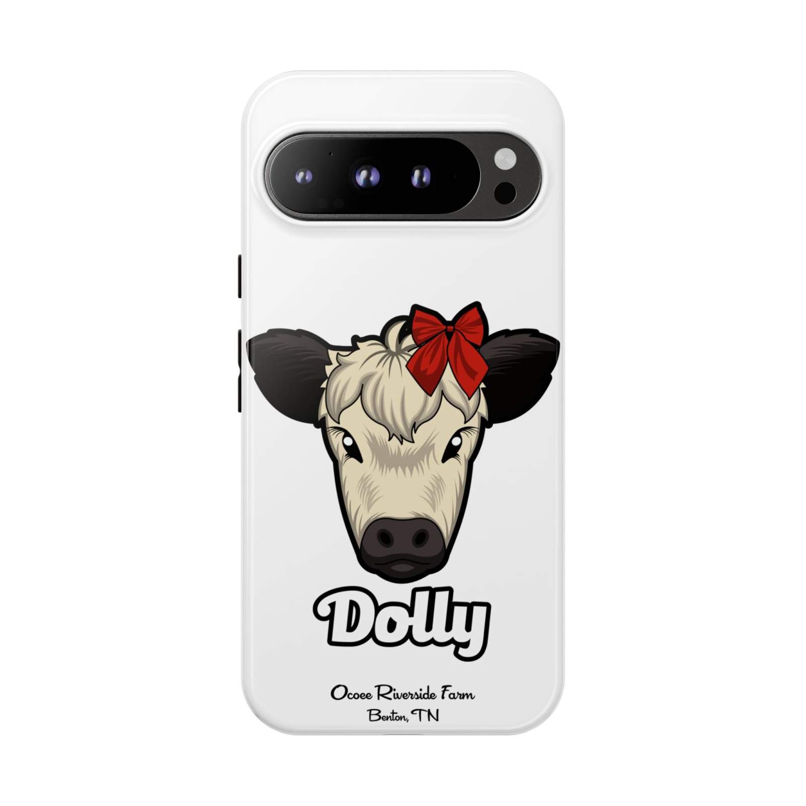 Farmhouse Chic Phone Case featuring Dolly the cow with a red bow, durable and stylish protective design