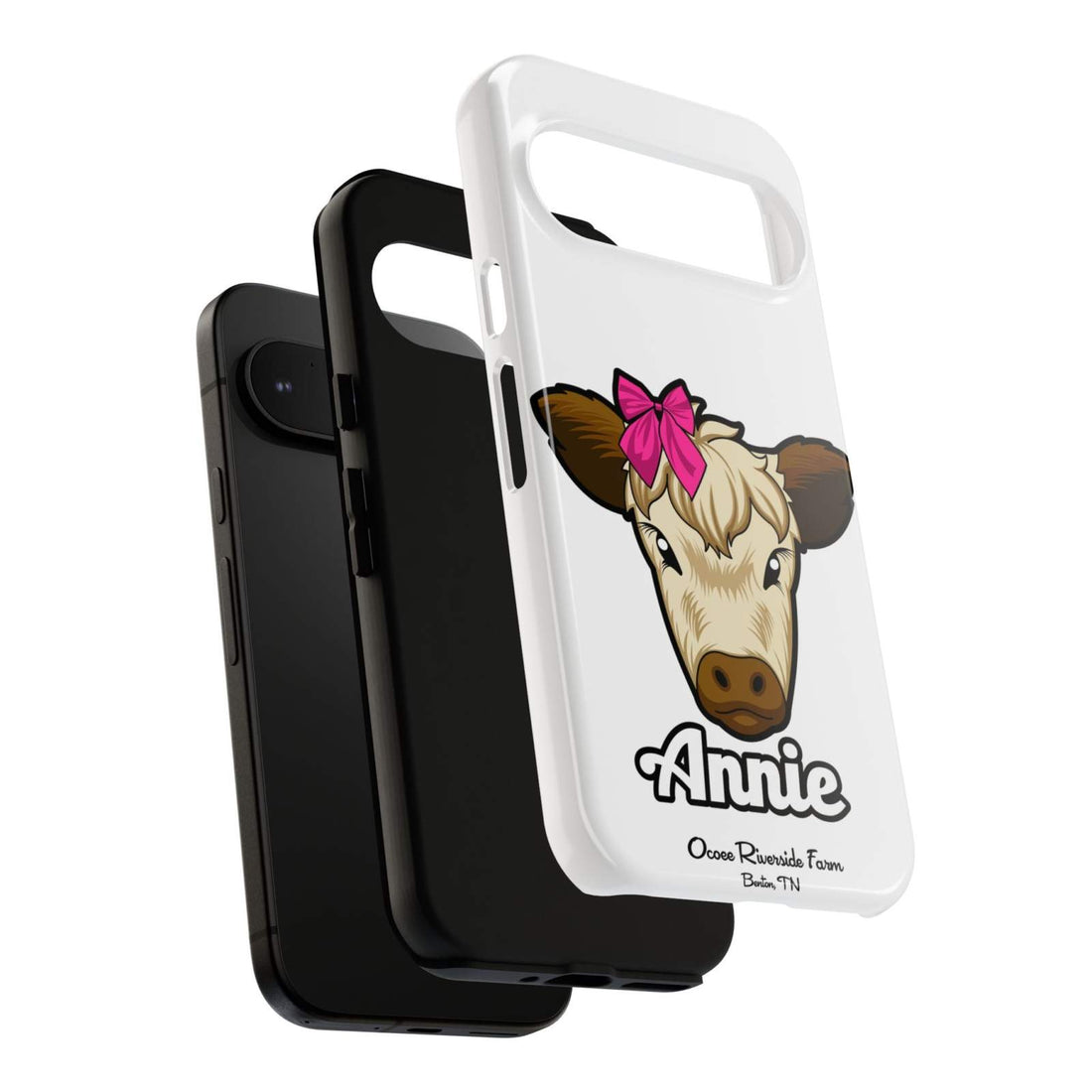 Cute cow phone case with red bow, ideal farm animal lover gift, stylish and durable design.