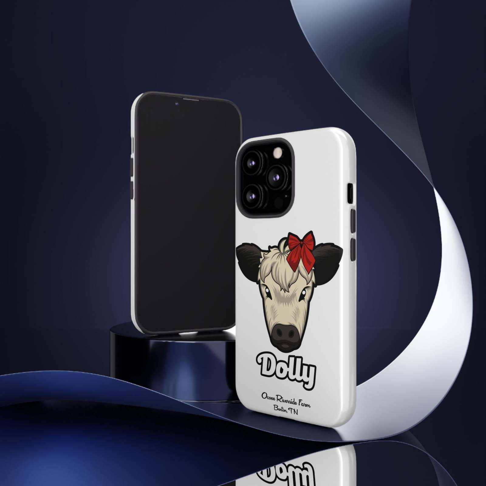 Farmhouse Chic Phone Case featuring Dolly the Adorable Red Bow Cow design, offering stylish rustic charm and durable protection.