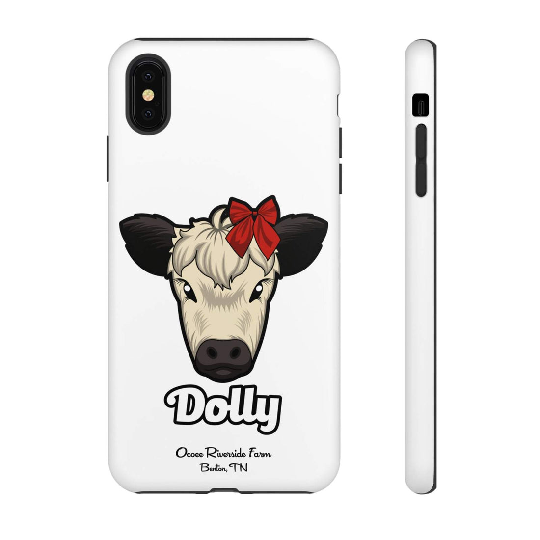 Farmhouse Chic Phone Case featuring Dolly the cow with a red bow, durable and stylish protective design