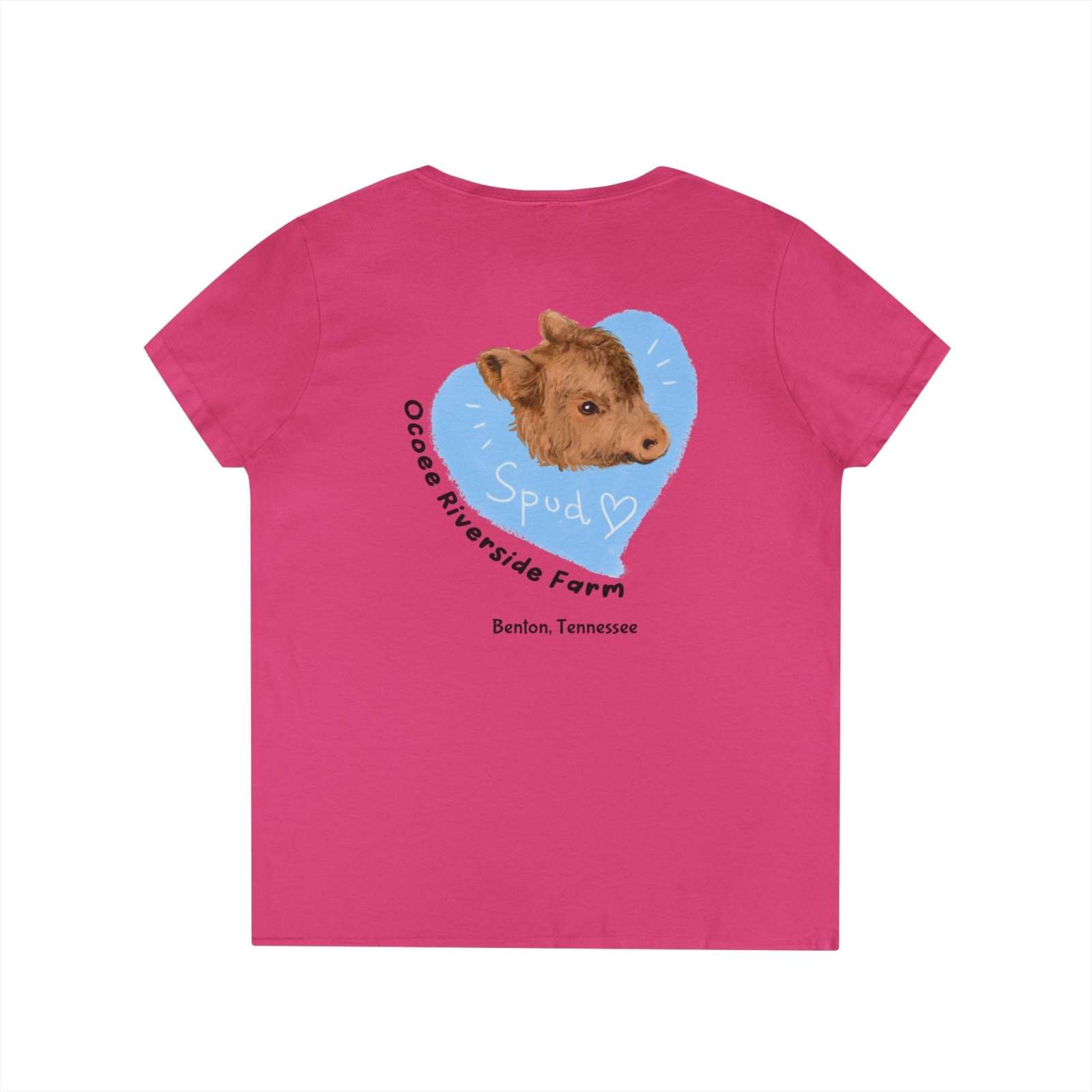 Pink Spud Heart Women’s V-Neck T-Shirt with cow graphic and Ocoee Riverside Farm Tennessee text