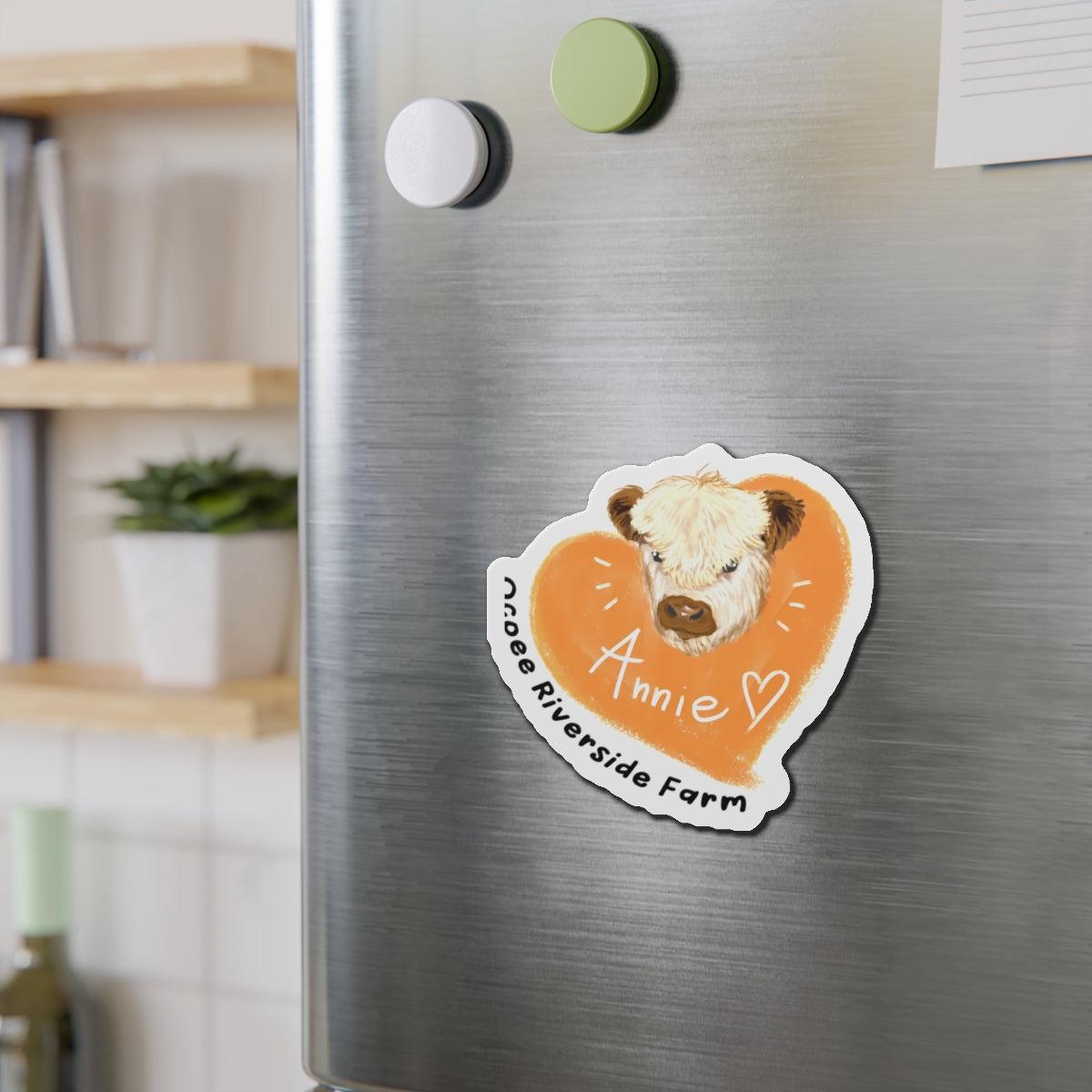 Cute Cow Design Die-Cut Magnet with playful cow illustration and "Annie" text on refrigerator door for farm-themed home decor