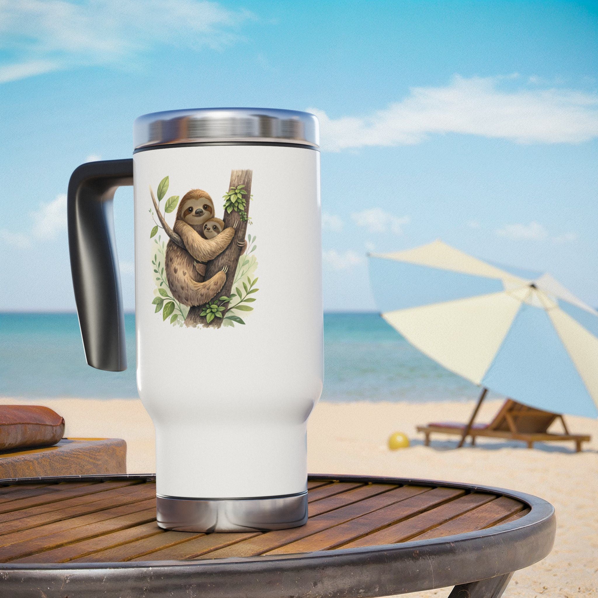 Sloth Design Stainless Steel Travel Mug | 14oz Insulated Coffee Cup with Handle