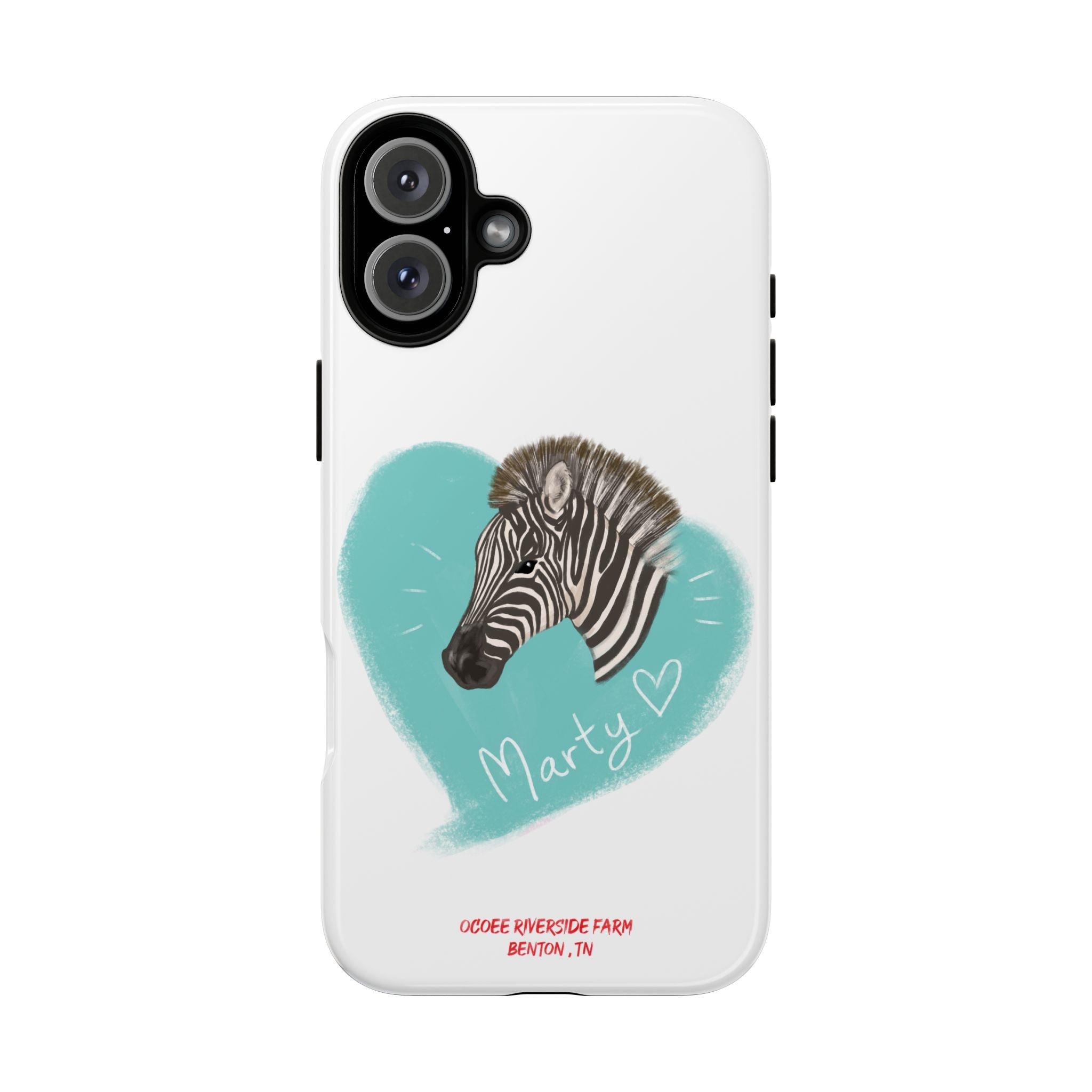 A zebra adorned with the word "Marty" creatively integrated into its stripes at Ocoee Riverside Farm Phone Case