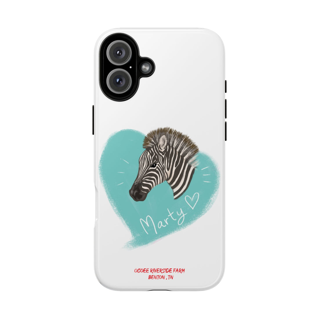 A zebra adorned with the word "Marty" creatively integrated into its stripes at Ocoee Riverside Farm Phone Case