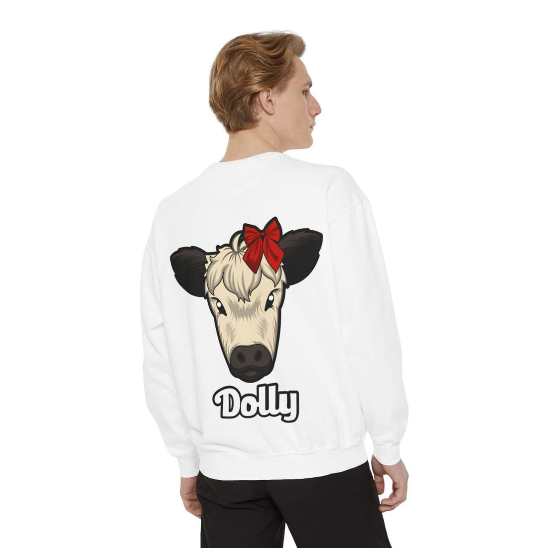 Farmhouse Cow Sweatshirt with Dolly the Red Bow Cow graphic on back, cozy and stylish.