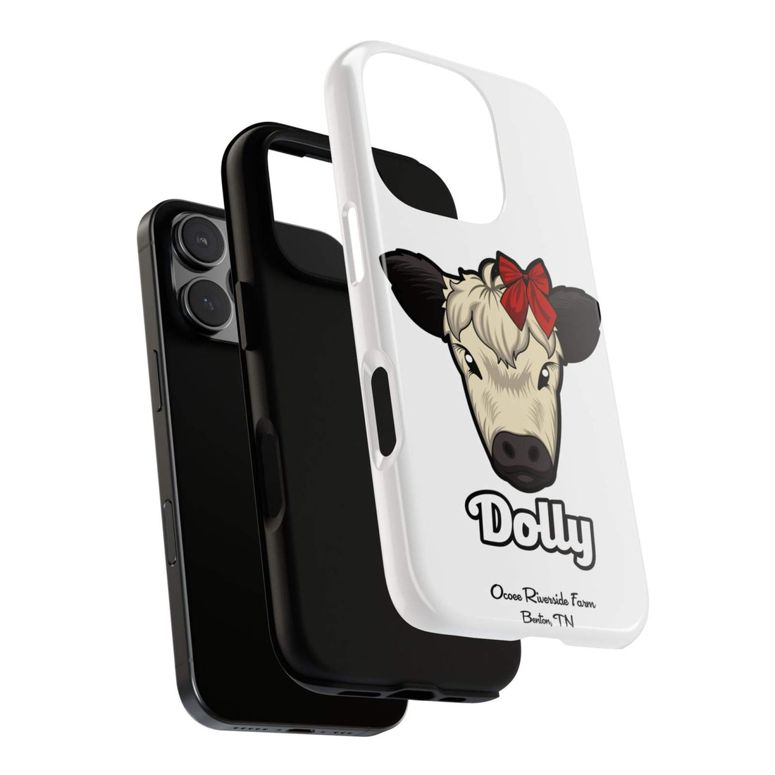 Farmhouse Chic Phone Case featuring Dolly the cow with a red bow, rustic charm and modern protection.