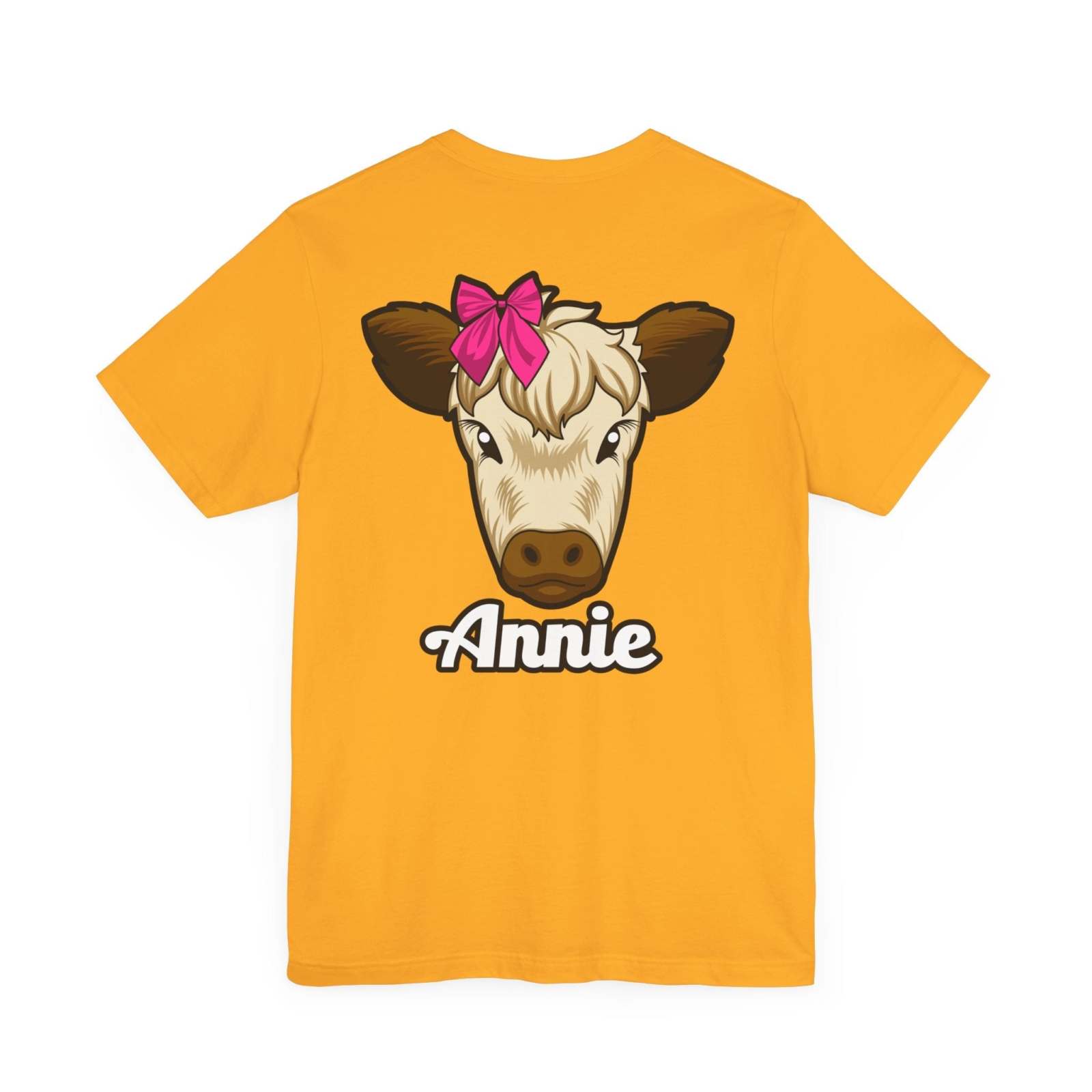 Yellow Farm Life T-Shirt featuring Annie the Cow with a red bow, countryside fashion.