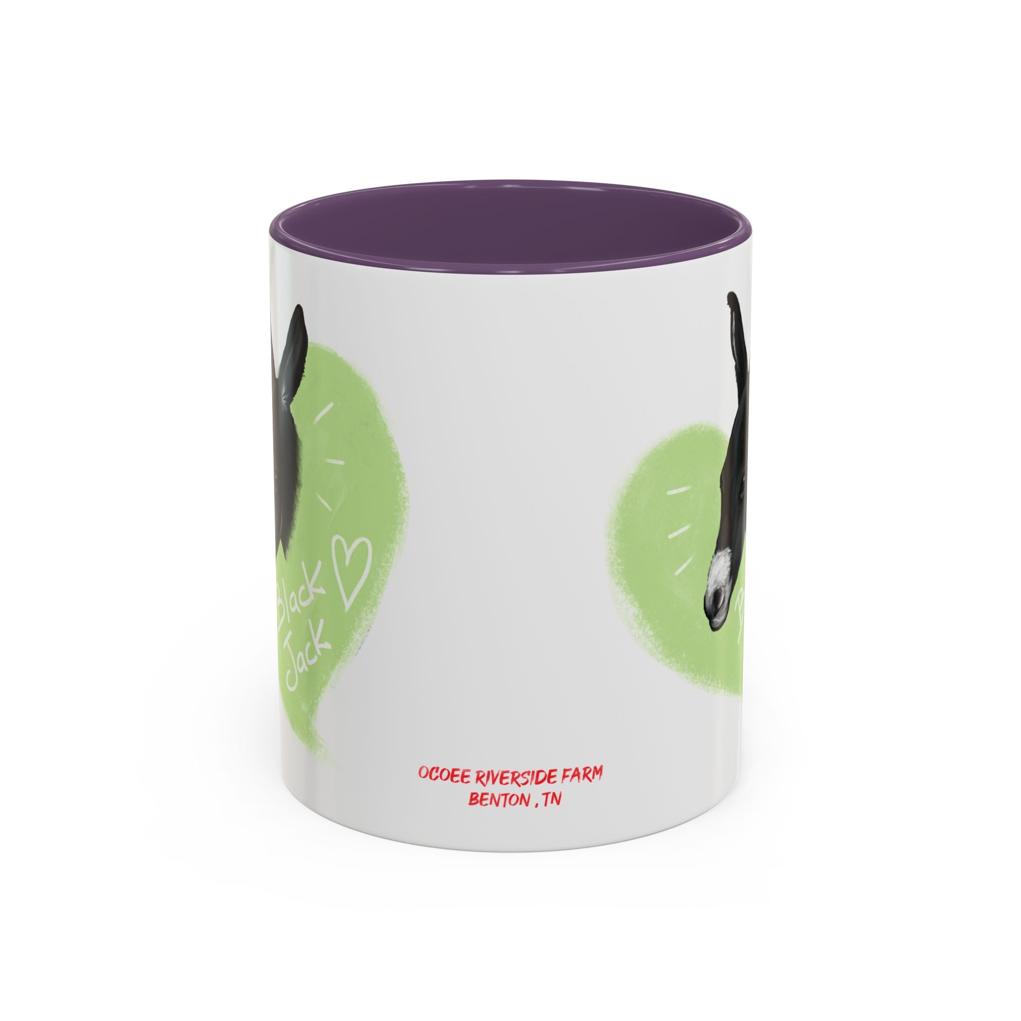 A donkey featuring the words "Black Jack" prominently displayed on its side at Ocoee Riverside Farm Coffee Mug