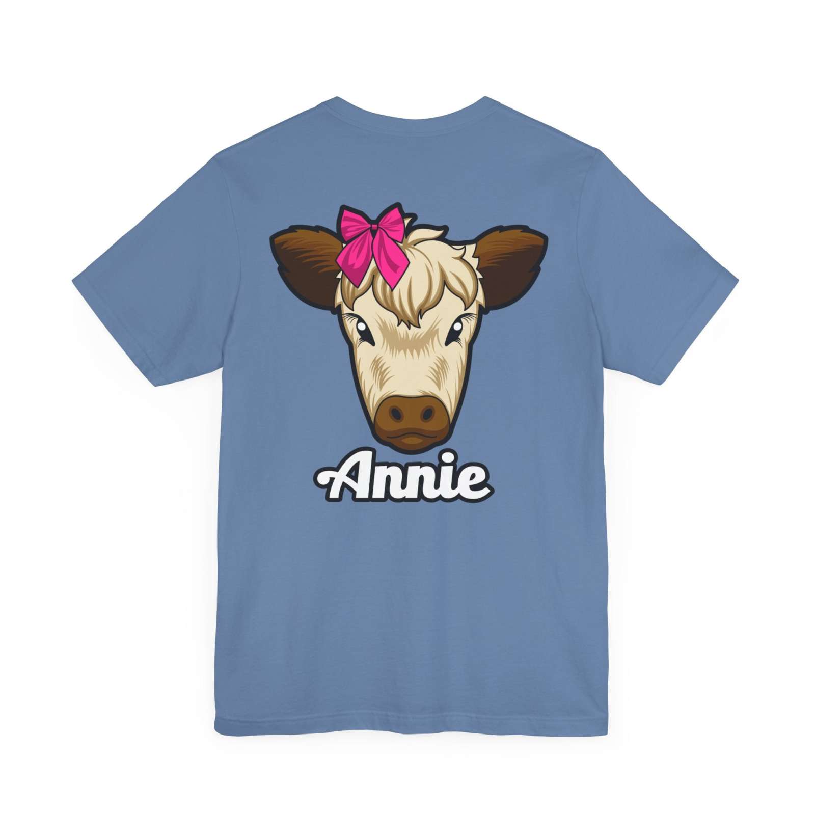 Farm Life T-Shirt featuring Annie the Cow with red bow, perfect for country living enthusiasts.