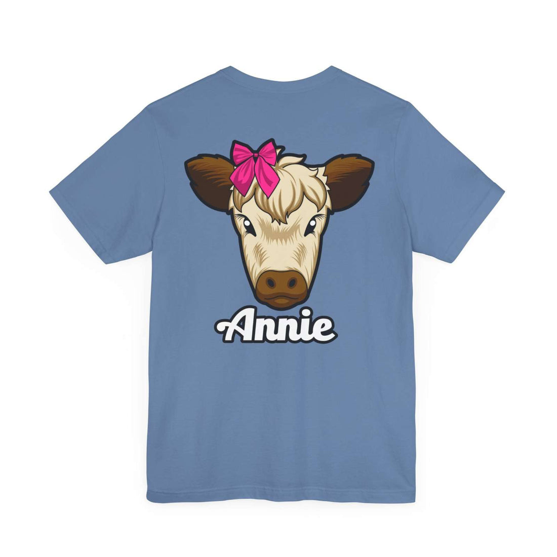 Farm Life T-Shirt featuring Annie the Cow with red bow, perfect for country living enthusiasts.