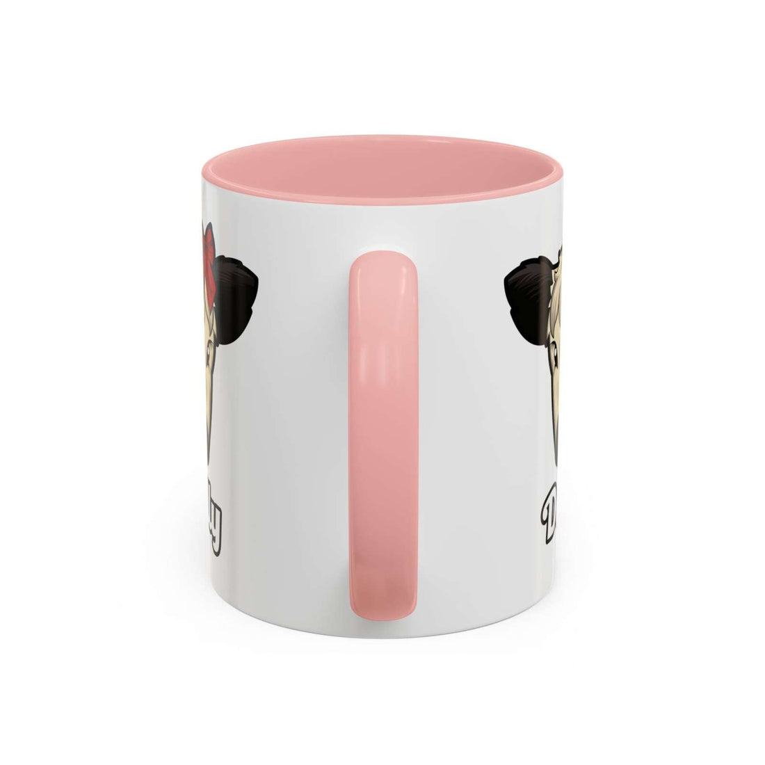 Farm Animal Coffee Mug featuring Dolly the cute cow with a red bow, white ceramic with pink handle and interior, microwave and dishwasher safe.