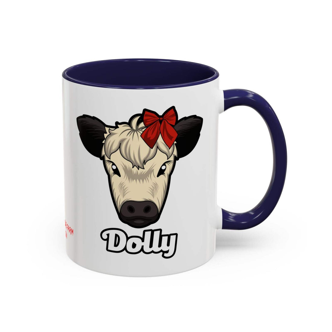 Farm Animal Coffee Mug featuring Dolly the cow with a red bow, white ceramic with navy handle and interior, microwave and dishwasher safe