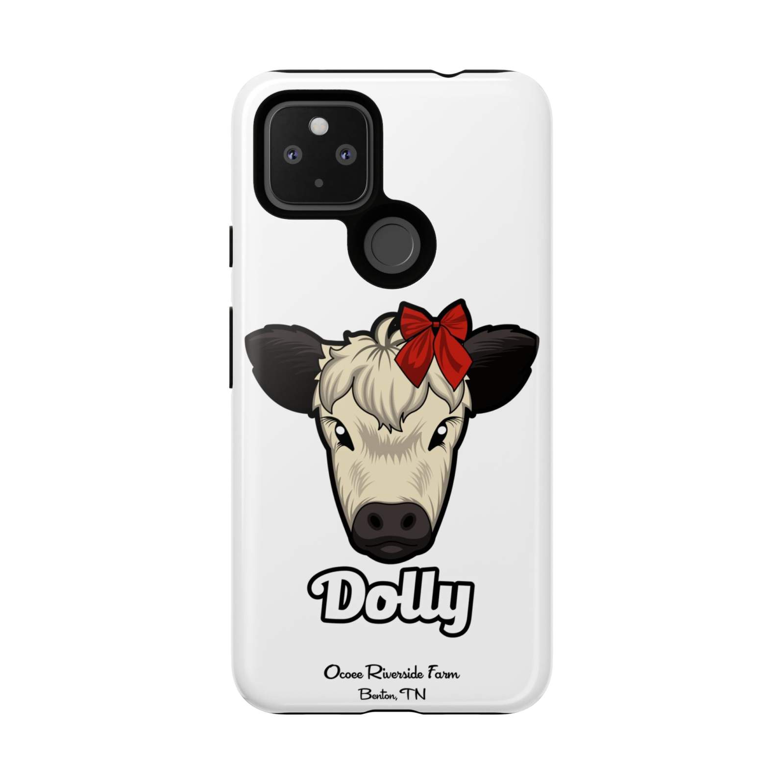 Farmhouse Chic Phone Case with Dolly cow design featuring a red bow and rustic farmhouse style for durable phone protection