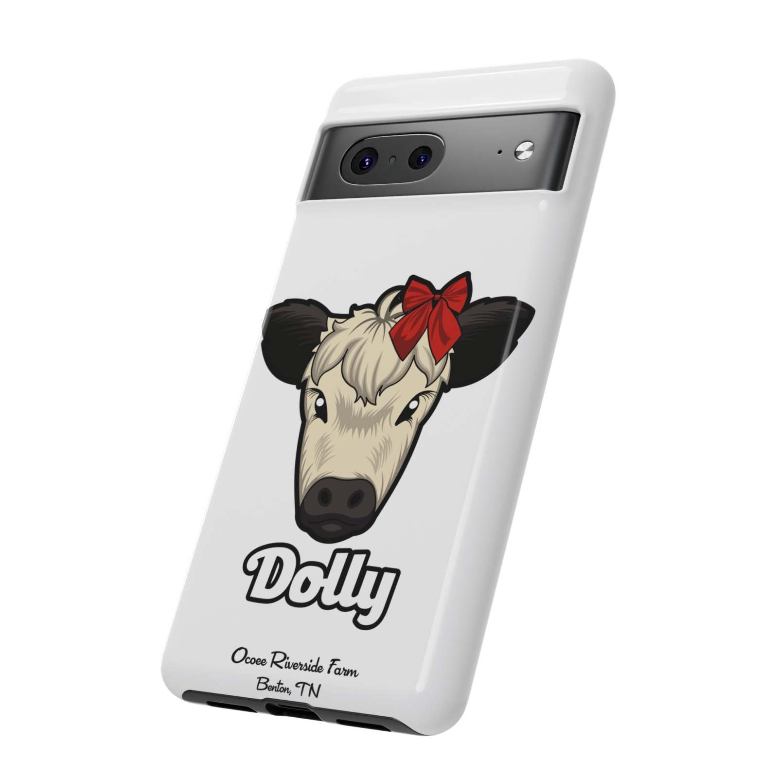 Farmhouse Chic Phone Case with Dolly the Red Bow Cow design.