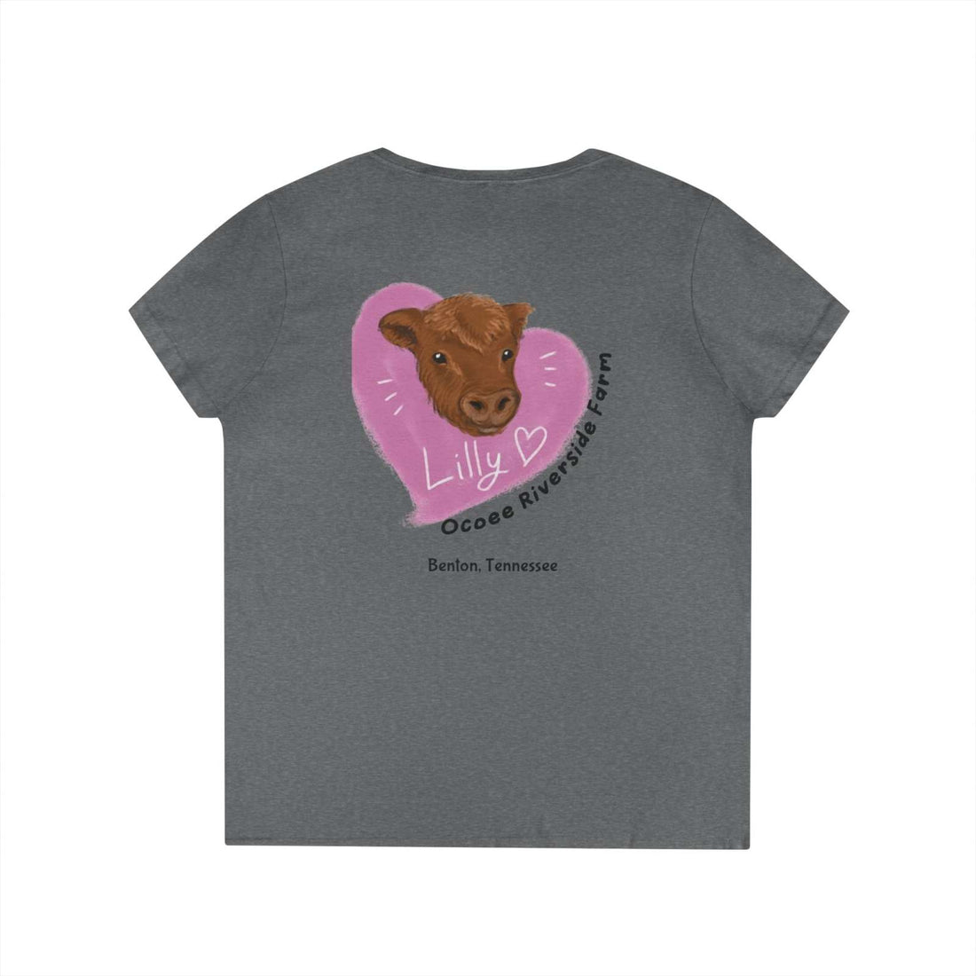 Gray Spud Heart Women’s V-Neck Tee with cow illustration and pink heart design on the back.