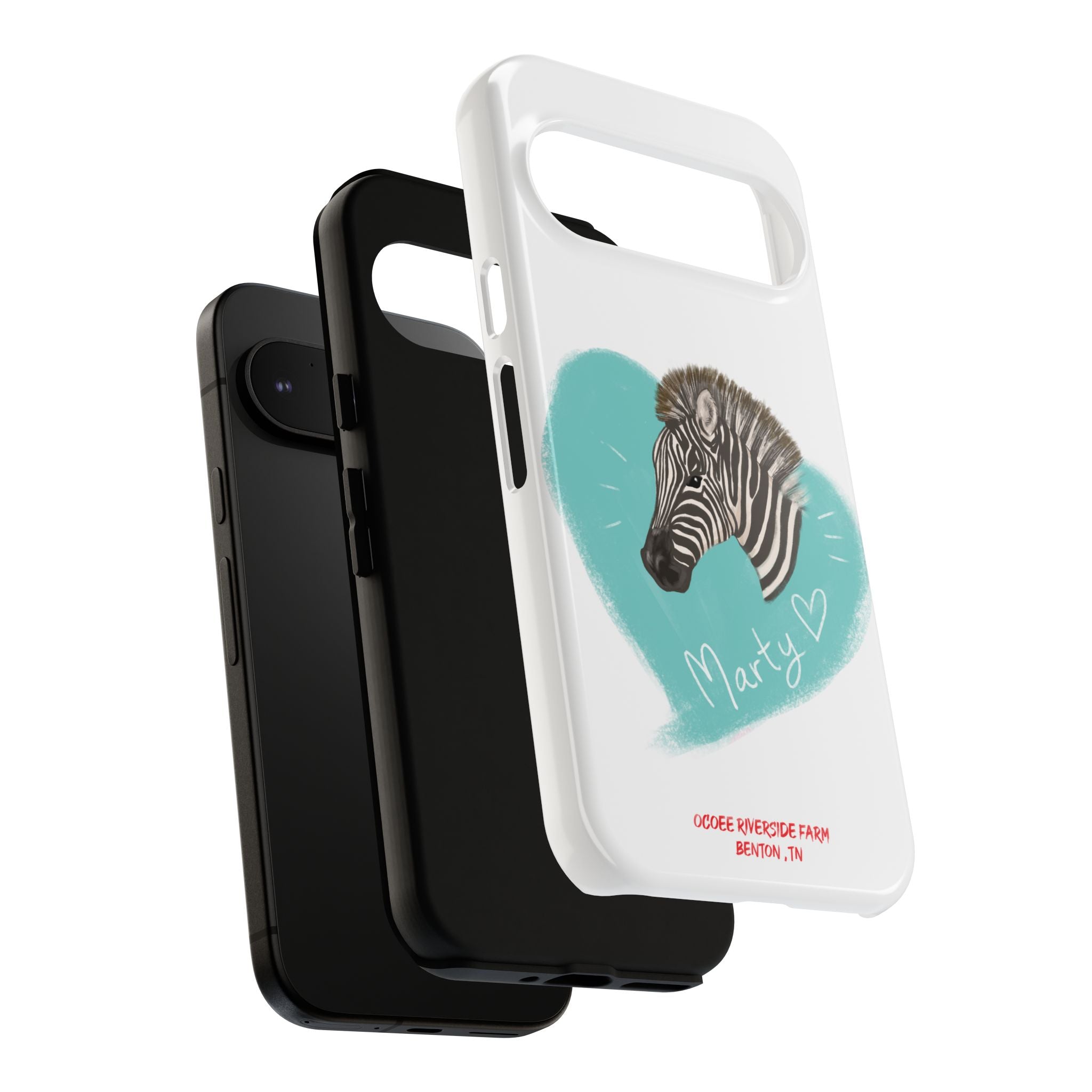 A zebra adorned with the word "Marty" creatively integrated into its stripes at Ocoee Riverside Farm Phone Case