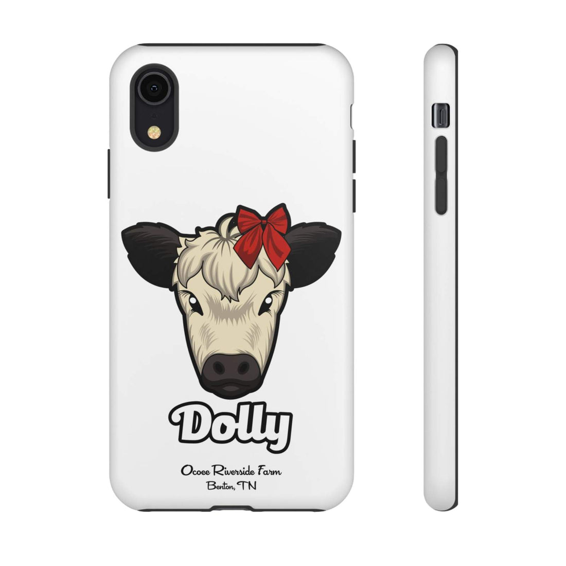 Farmhouse Chic Phone Case featuring Dolly the cow with a red bow, durable and stylish rustic design