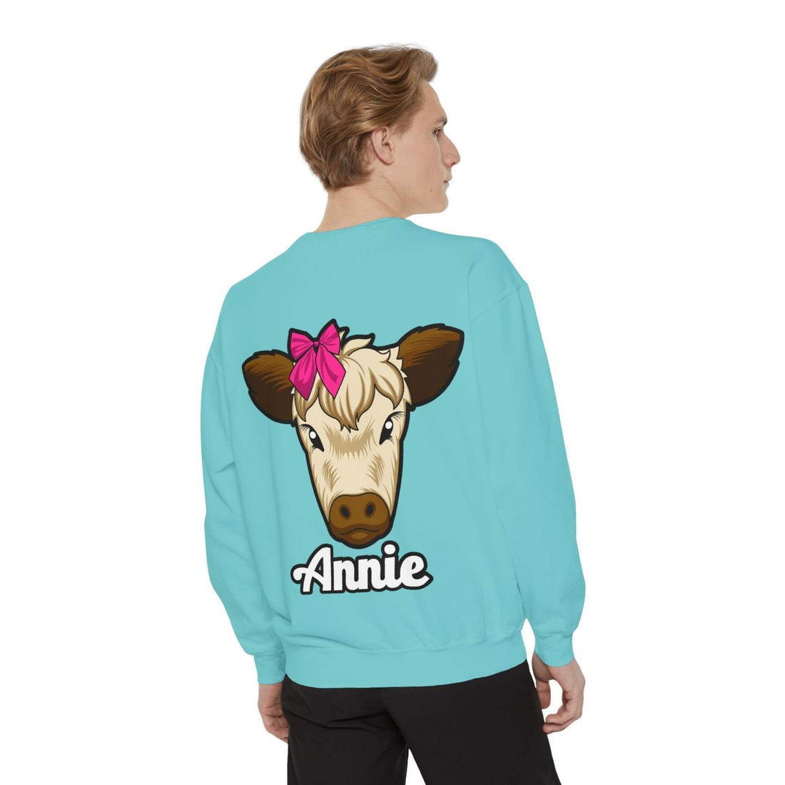 Cute farm animal sweatshirt featuring Annie the Cow with a red bow, perfect for countryside lovers.