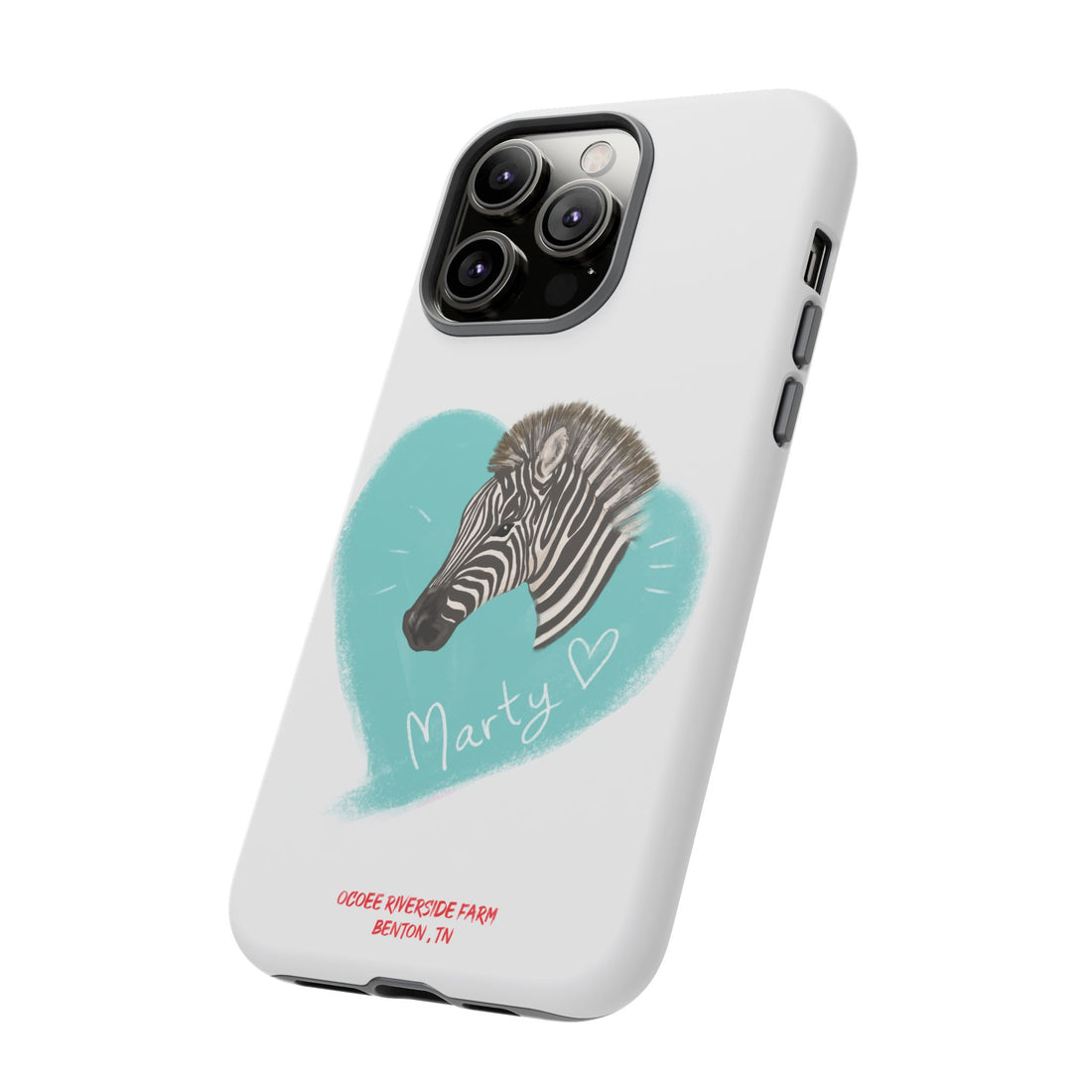 A zebra adorned with the word "Marty" creatively integrated into its stripes at Ocoee Riverside Farm Phone Case