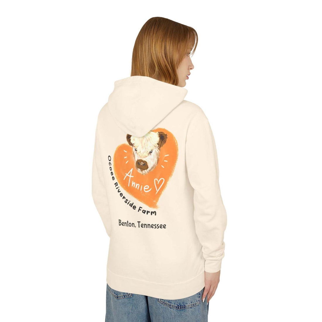 Unisex hooded sweatshirt with adorable cow design and Ocoee Riverside Farm logo on back, beige color, casual fit
