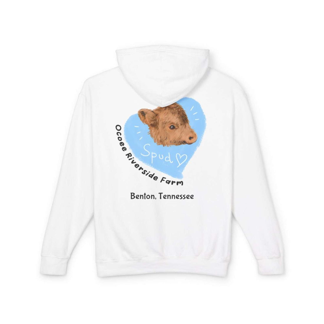 White hoodie with a cute cow graphic and "Ocoee Riverside Farm, Benton, Tennessee" text on the back, lightweight and cozy design.