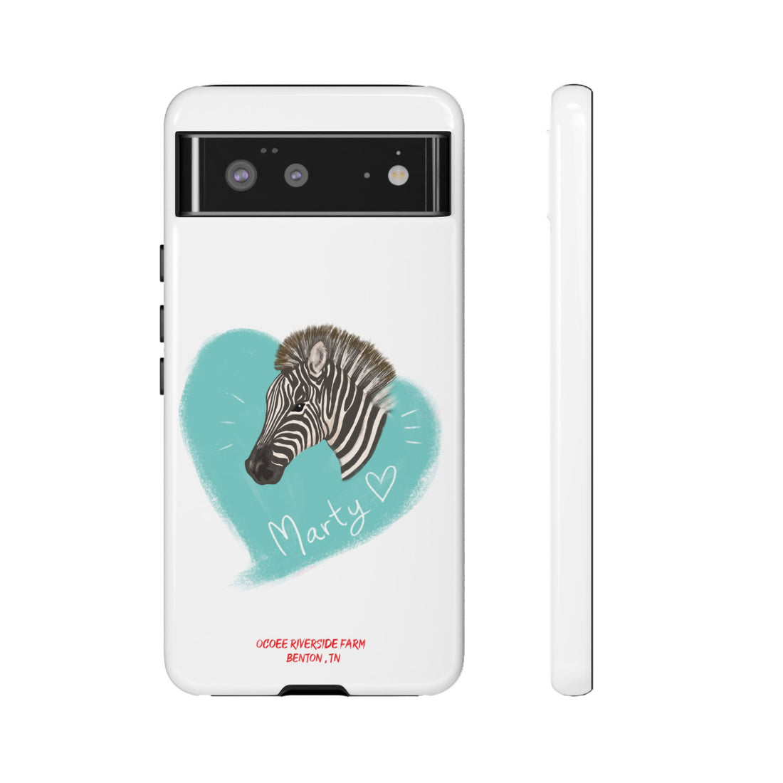 A zebra adorned with the word "Marty" creatively integrated into its stripes at Ocoee Riverside Farm Phone Case