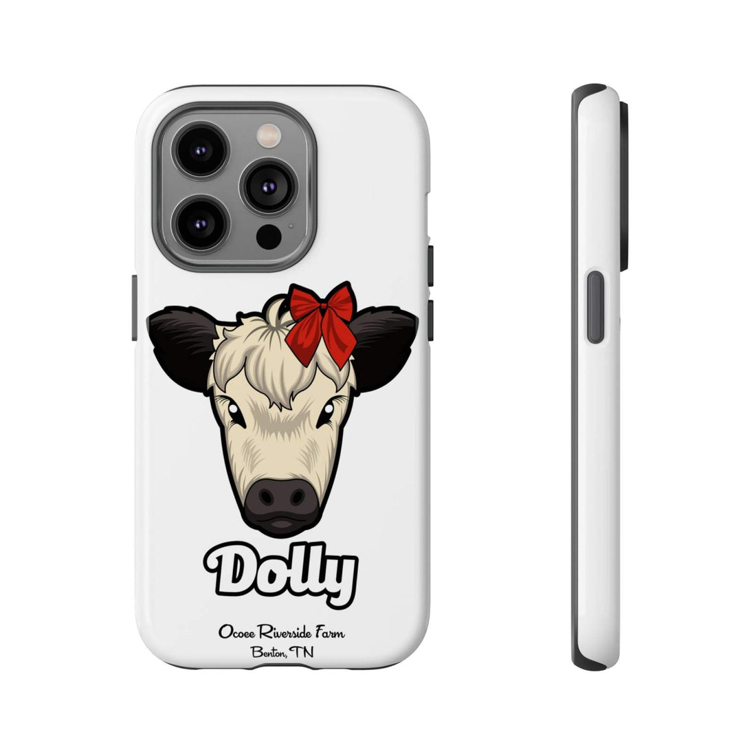 Farmhouse Chic Phone Case featuring Dolly the cow with a red bow, durable and shock-absorbing rustic design.