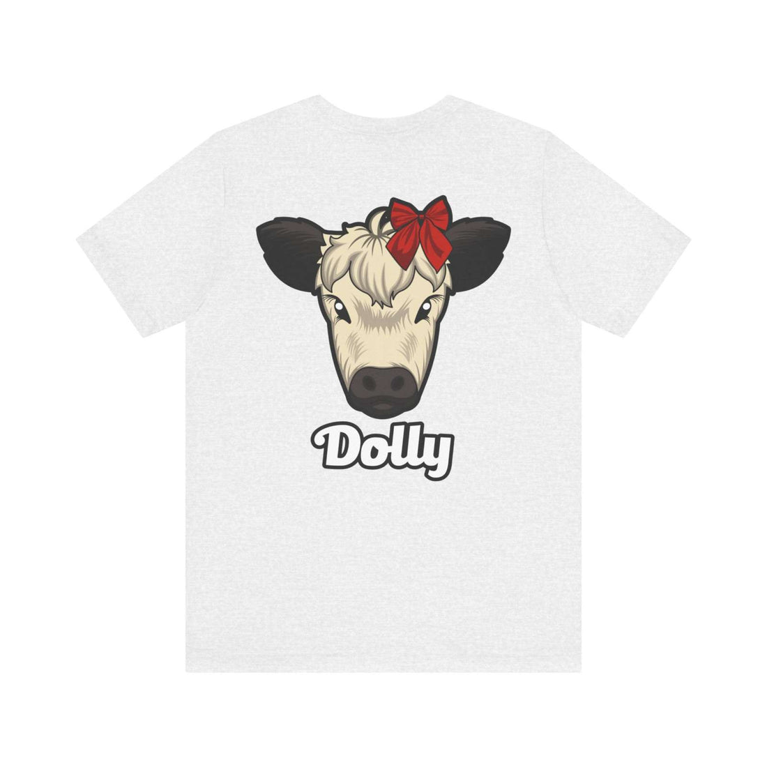 White Country Cow Graphic Tee featuring a cow named Dolly with a red bow on the front