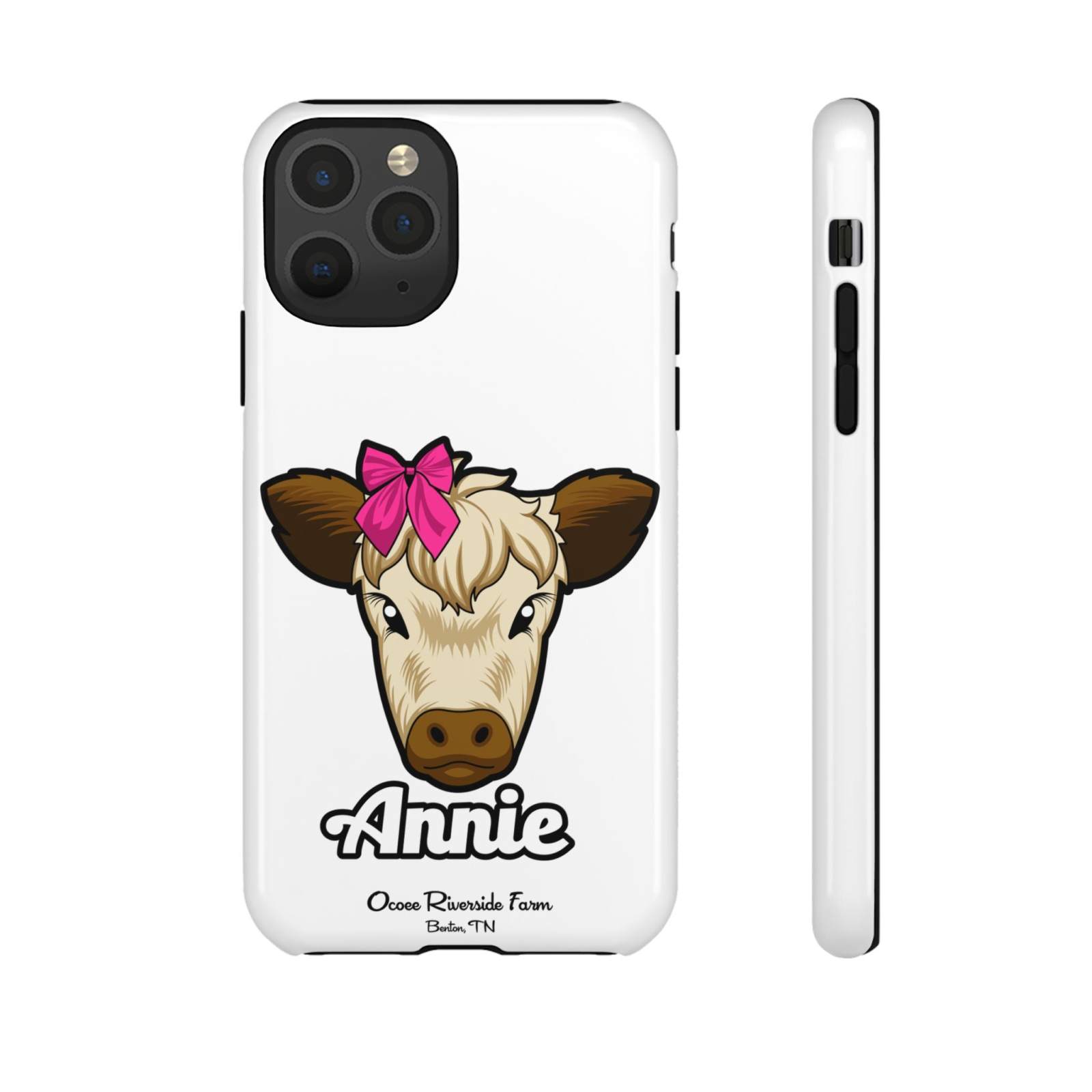 Cute cow phone case with red bow, perfect farm animal lover gift, Ocoee Riverside design.