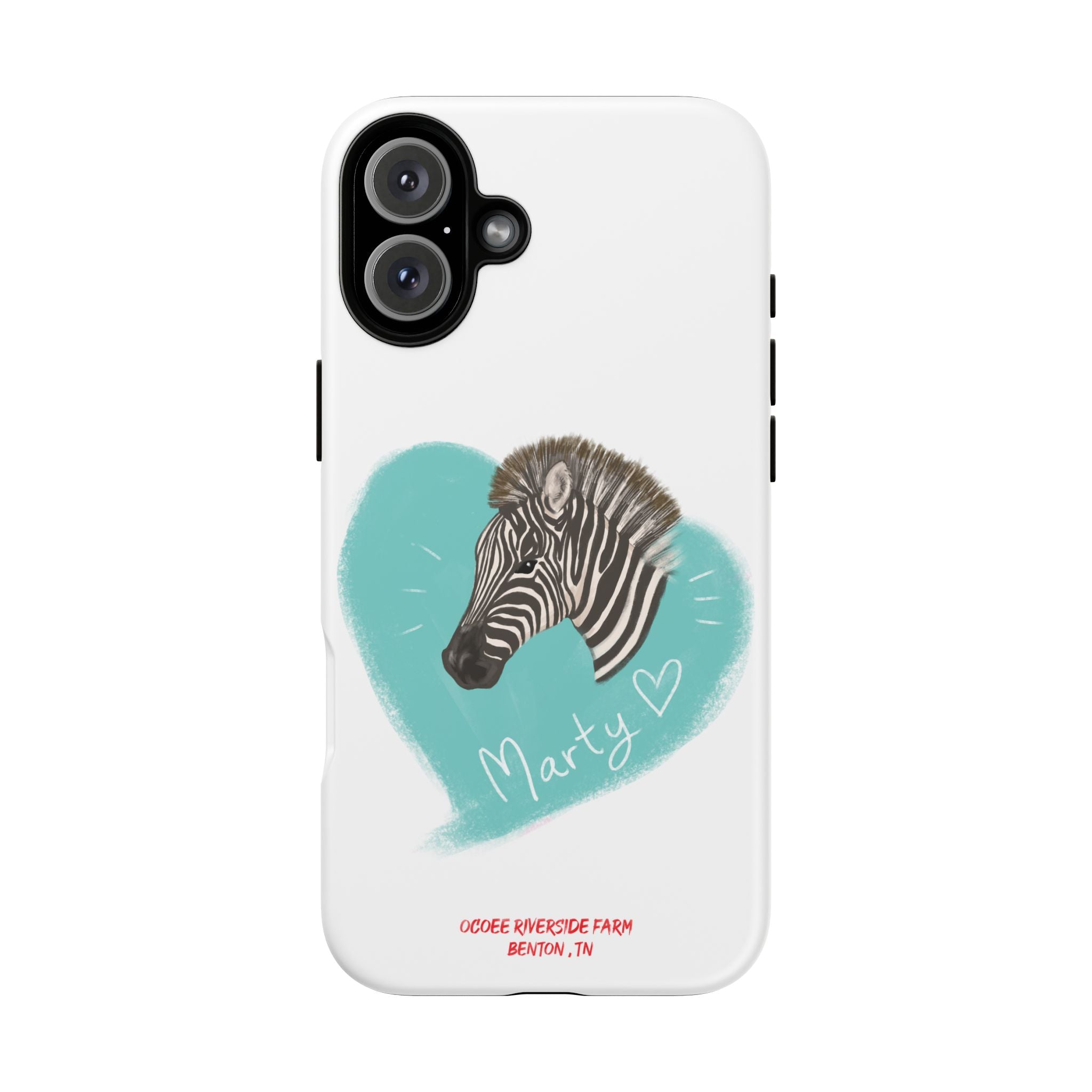 A zebra adorned with the word "Marty" creatively integrated into its stripes at Ocoee Riverside Farm Phone Case