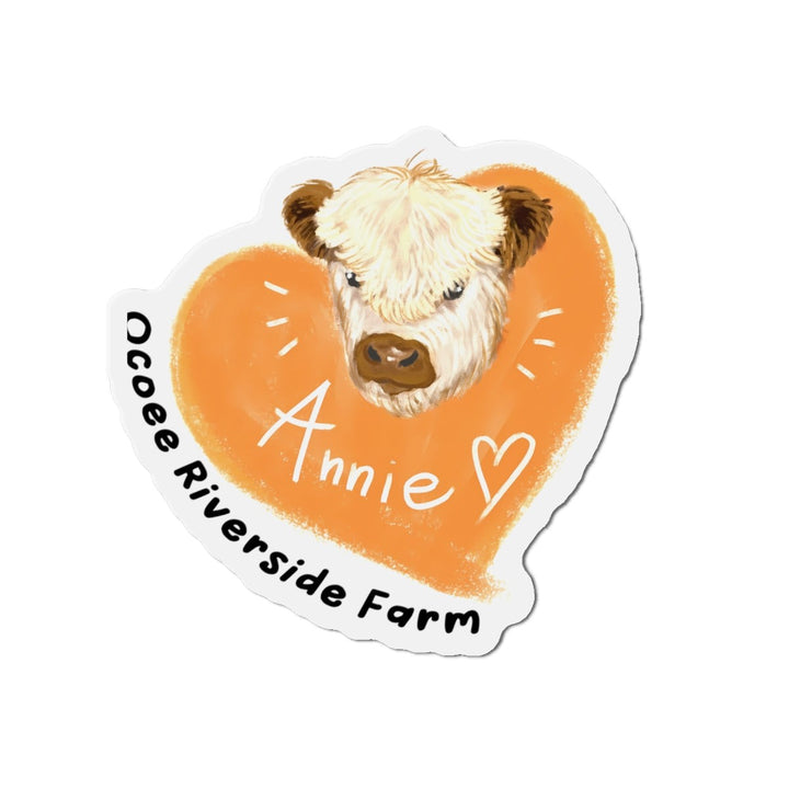 Cute cow design die-cut magnet with orange heart background and "Annie" text, farmhouse decor accessory
