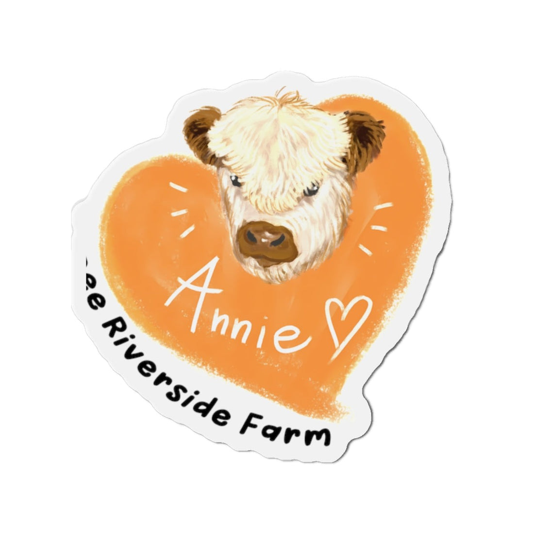Cute Cow Design Die-Cut Magnet with orange heart background and cow illustration for farmhouse decor